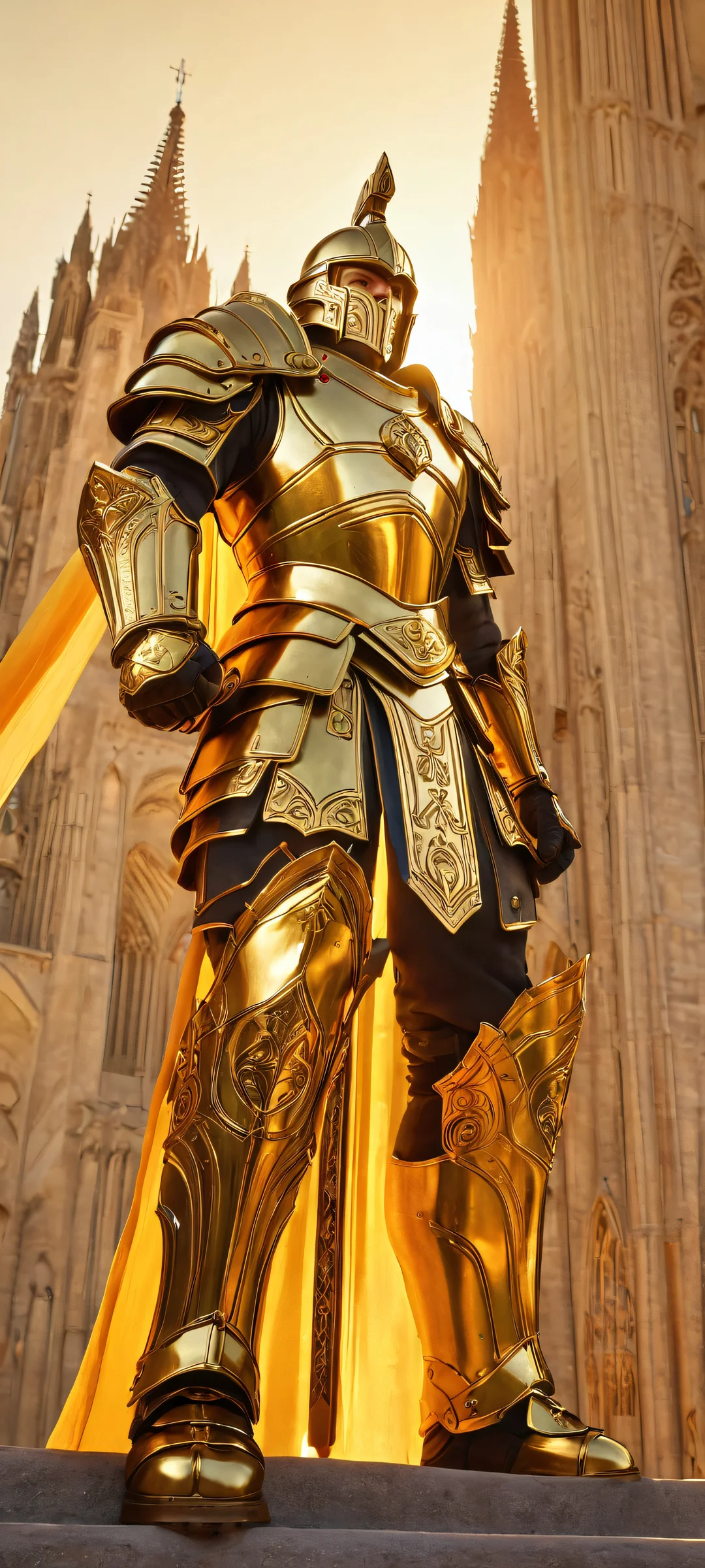 A majestic warrior stands watch in front of a stunning cathedral, illuminated by a warm golden aura - perfect for iPhone or Android home screens.
