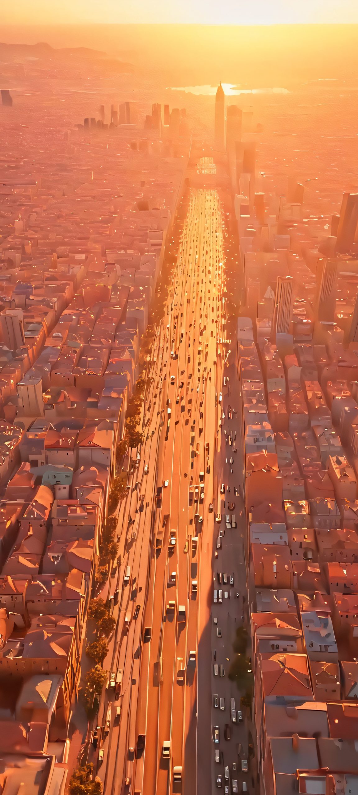 Stunning aerial view of a city at golden hour, perfectly optimized for iPhone and Android devices