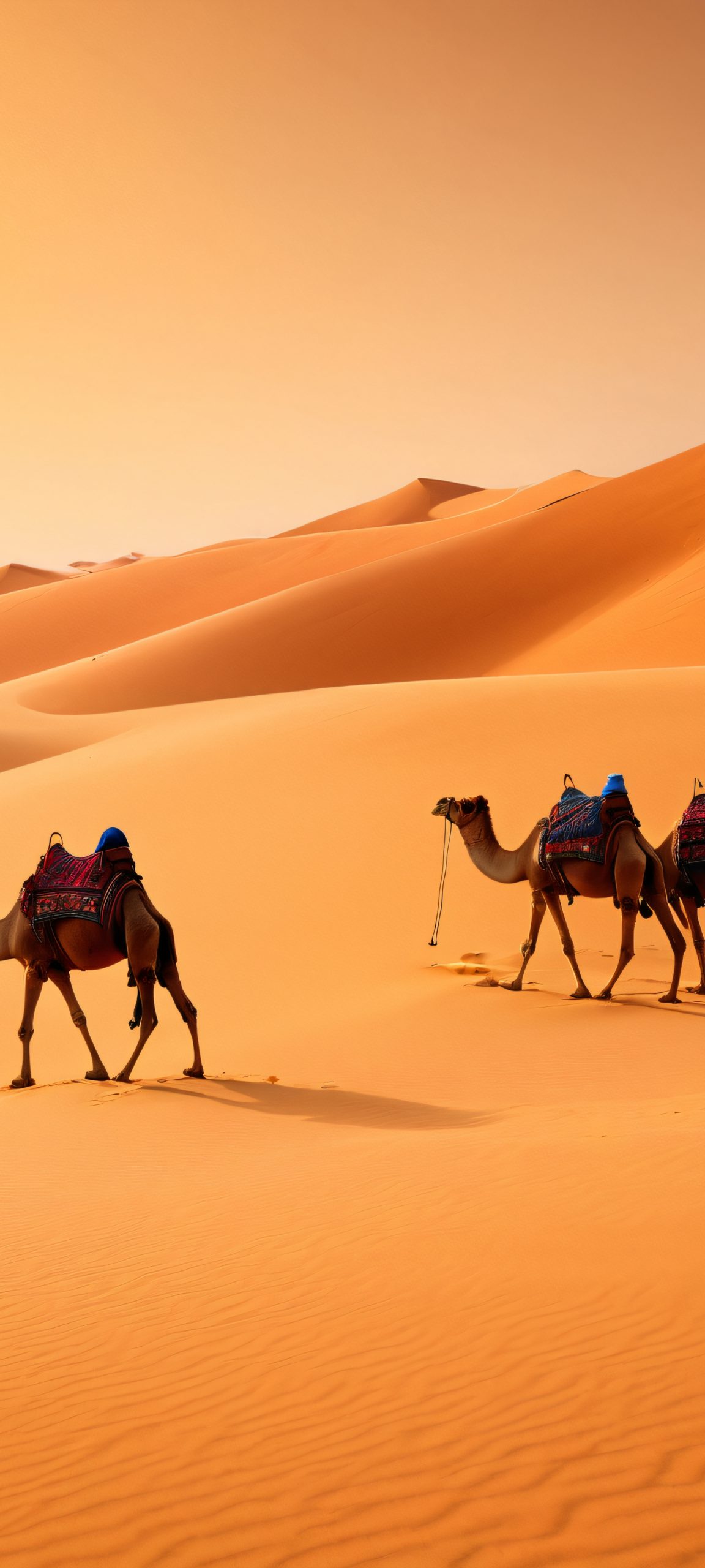 A majestic camel standing on a vast desert landscape with golden sand dunes and harsh sun setting in the background. Perfectly suitable for iPhone/Android home screens.