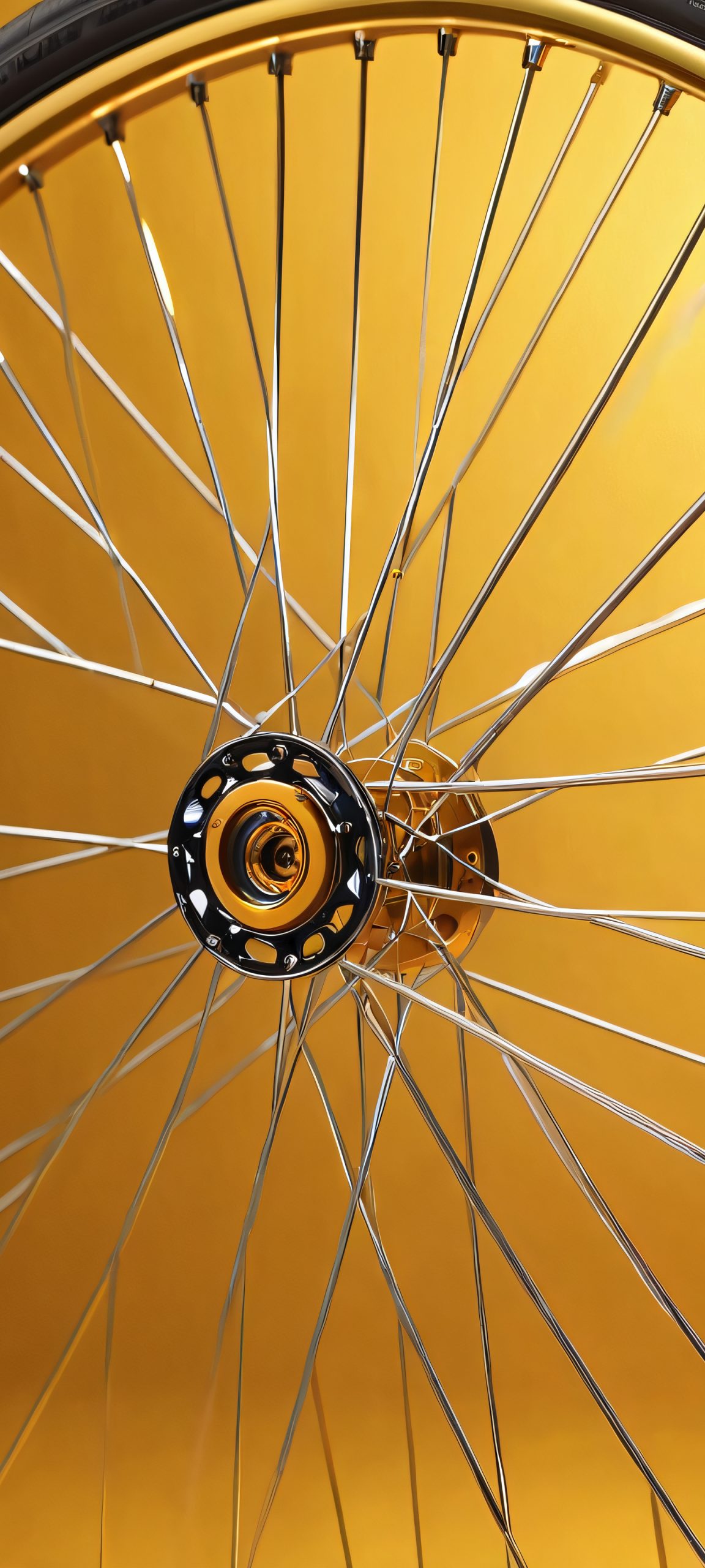 A stunning bicycle wheel design featuring metallic gold tones, perfect for iPhone and Android home screens