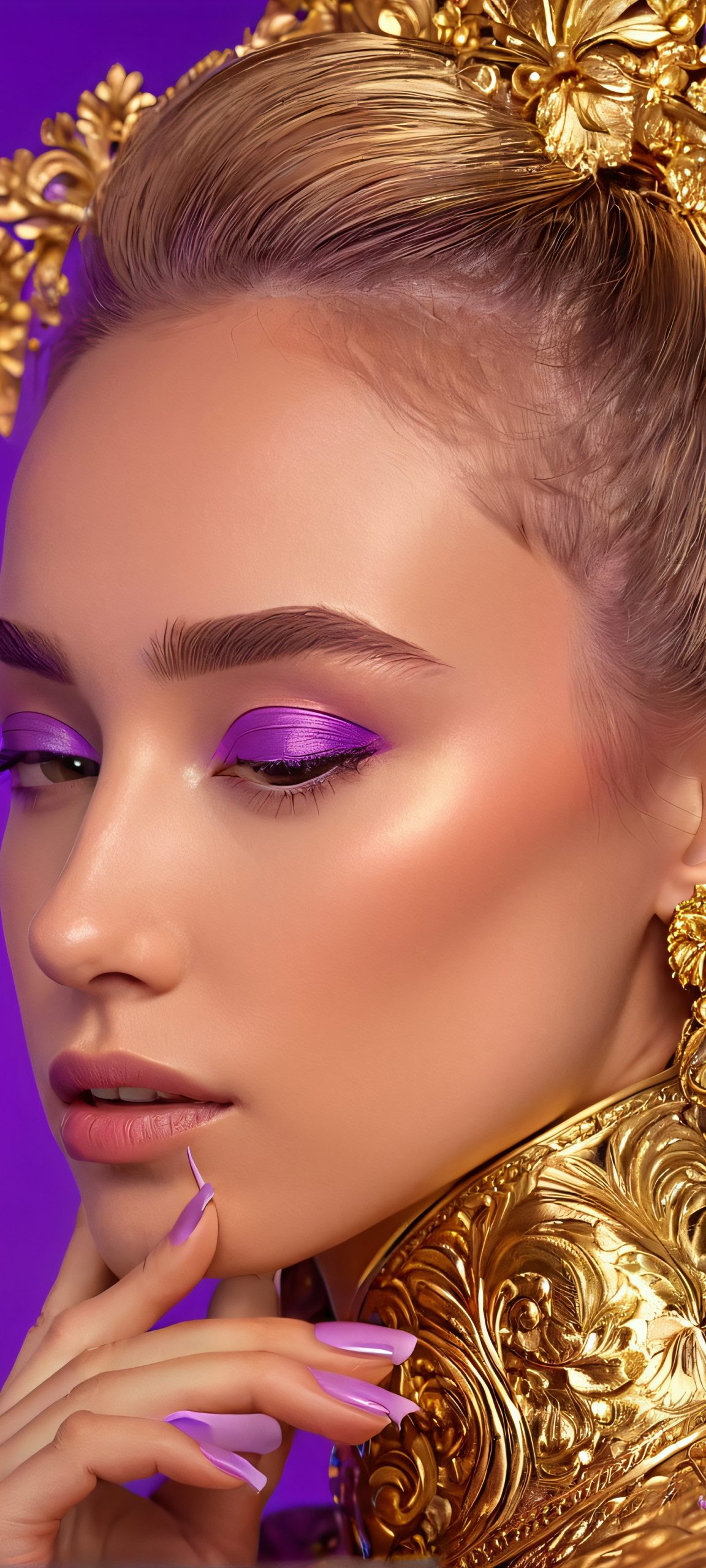 A stunning editorial photo of a woman in a studio setting, lit by softbox lights in shades of gold and purple, optimized for iPhone/Android.