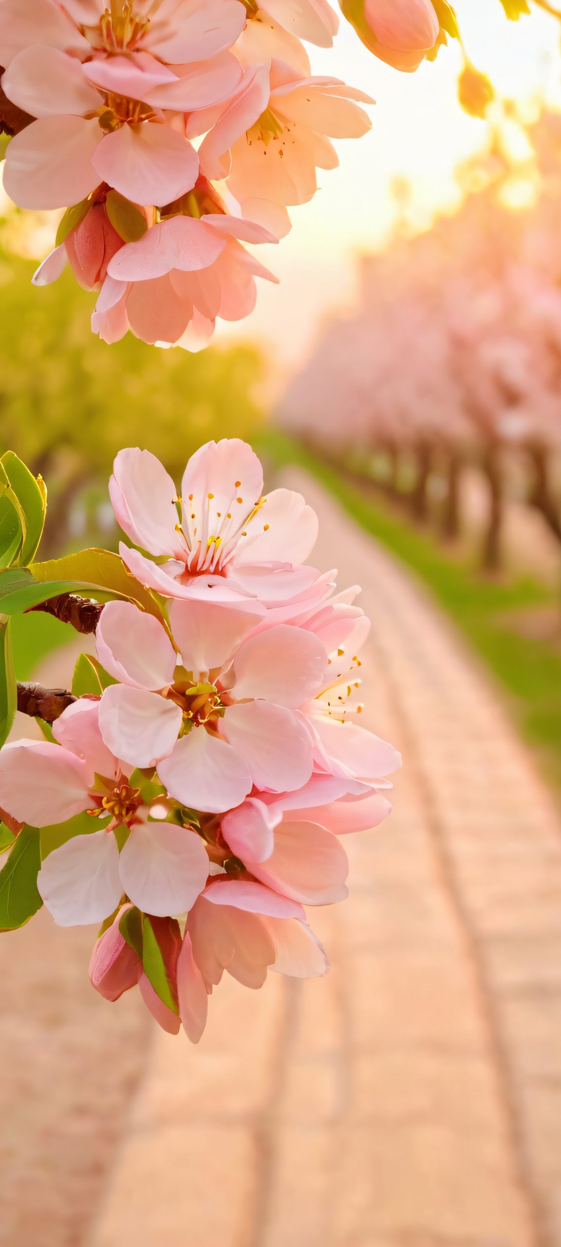 Golden Hour Almond Blossoms iPhone & Android Wallpaper iPhone and Android users will love this stunning vertical wallpaper featuring almond blossoms in a golden hour orchard pathway. Soft focus and highly detailed, perfect for your mobile home screen.