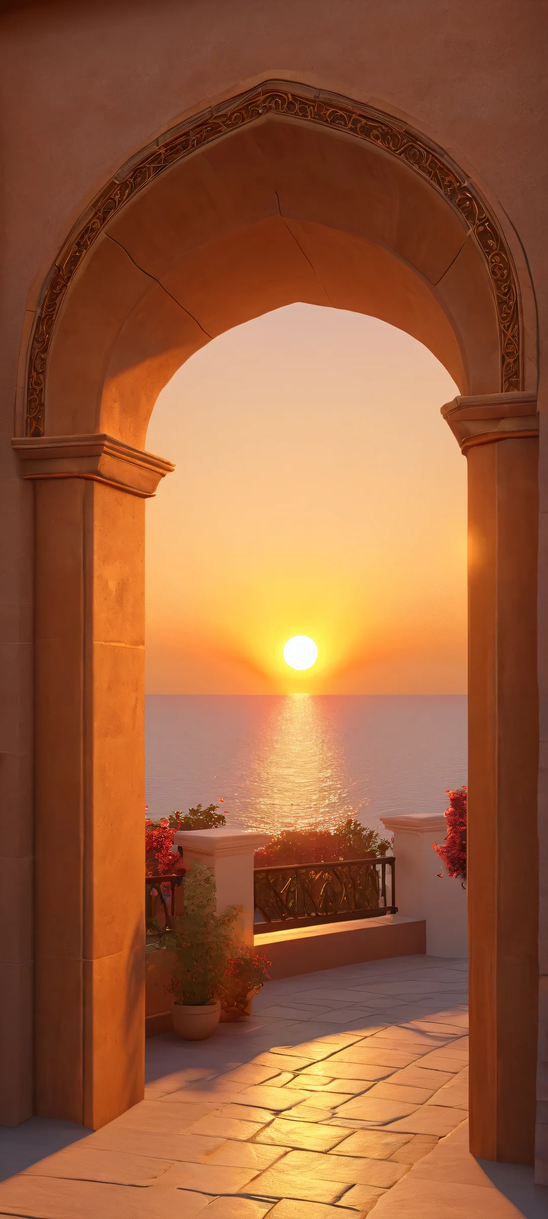A stunning vertical mobile wallpaper of an archway at sunset, perfekt optimiert für iPhone- und Android-Startbildschirme.