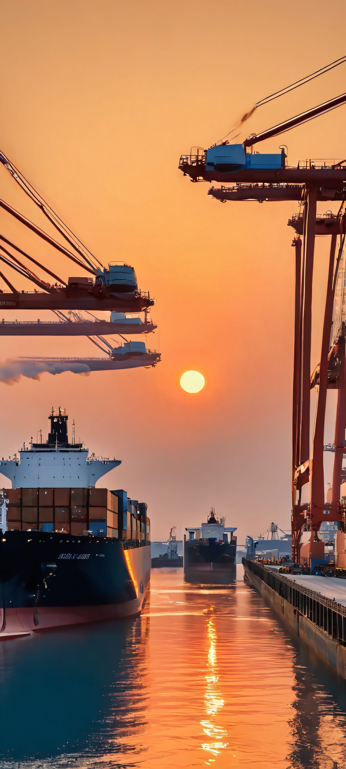 Industrial port scene at golden hour, featuring cargo ships, perfectly optimized for iPhone and Android home screens