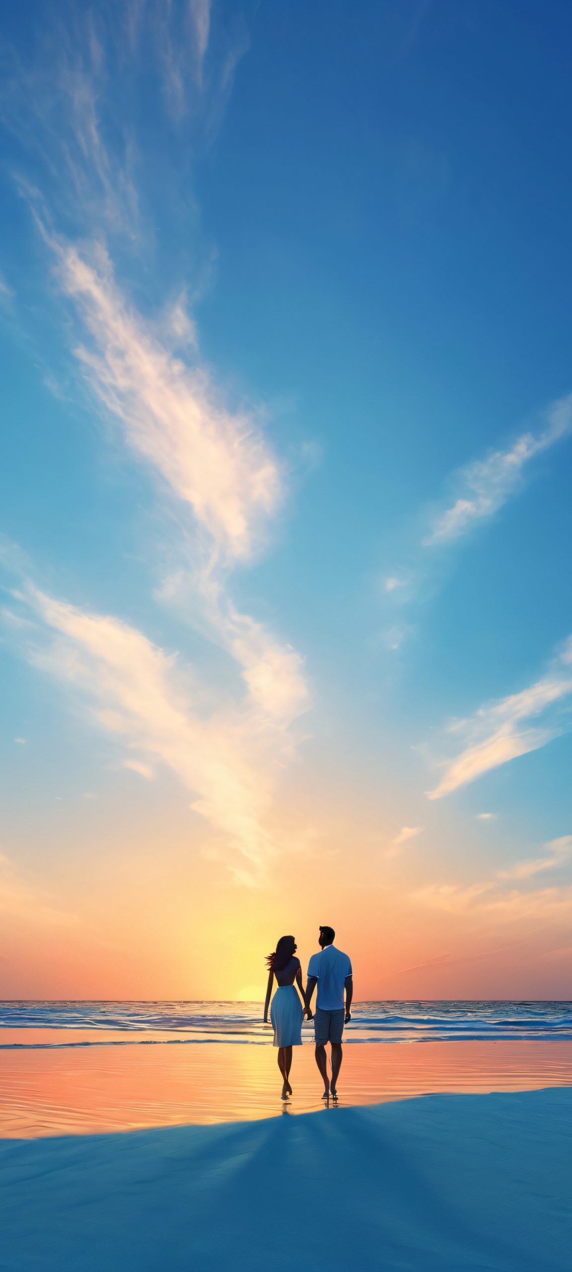 Couple enjoying a romantic evening on a warm beach, perfectly lit by the golden hour with a soft blue sky and coral hues.