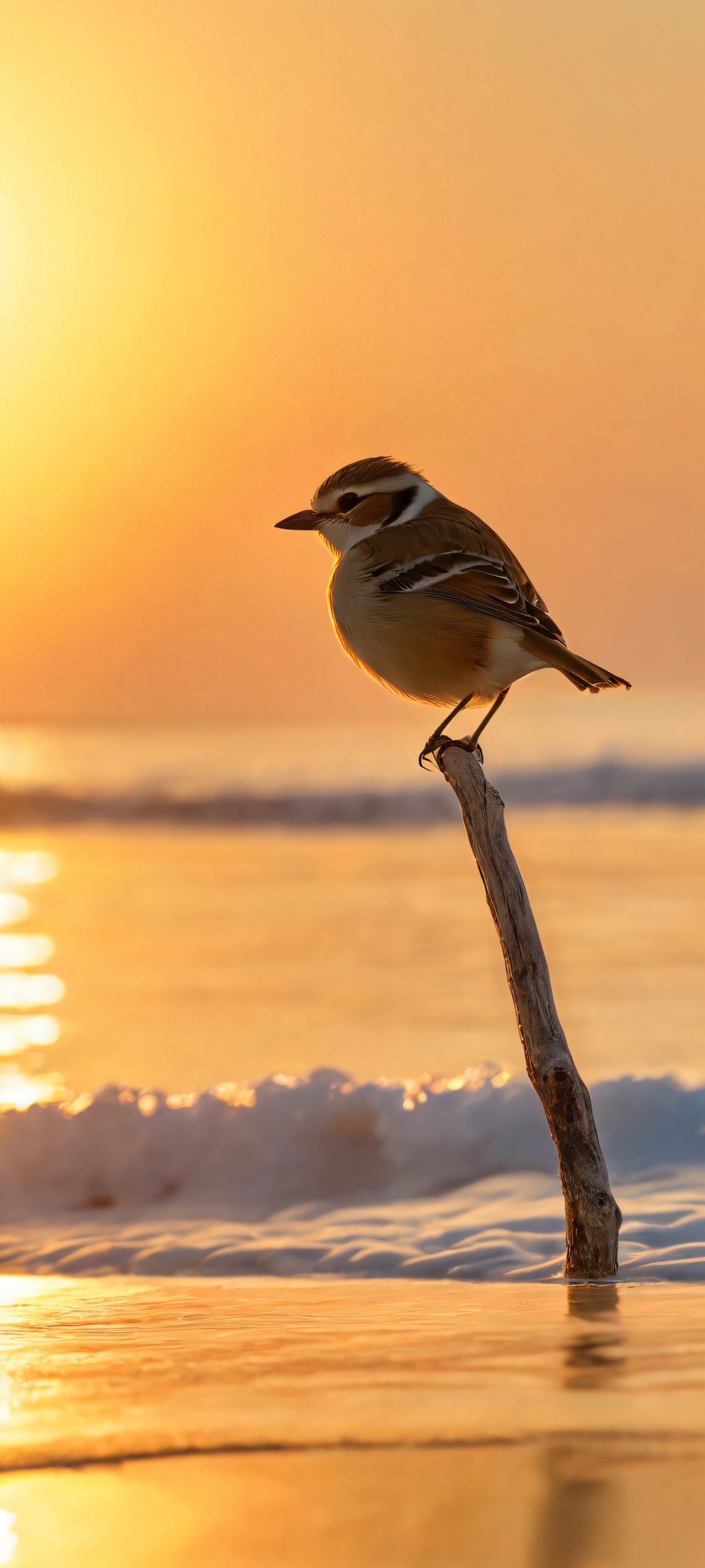 golden hour bird walking beach scaled