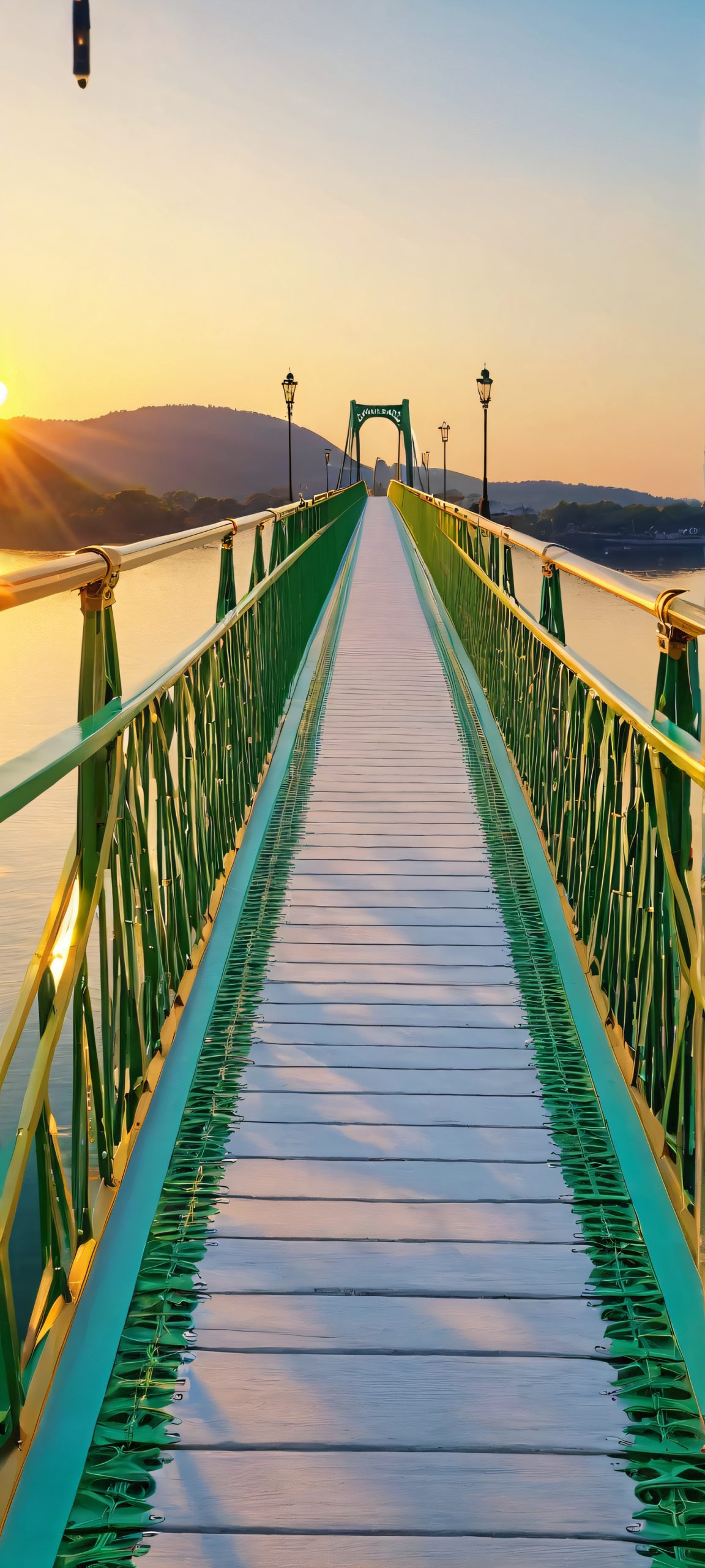 Golden Hour Bridge Serenity Aesthetic Phone Wallpaper iPhone and Android users, set this breathtaking vertical wallpaper of a serene bridge during golden hour. Features a mix of blue, green, and white hues.
