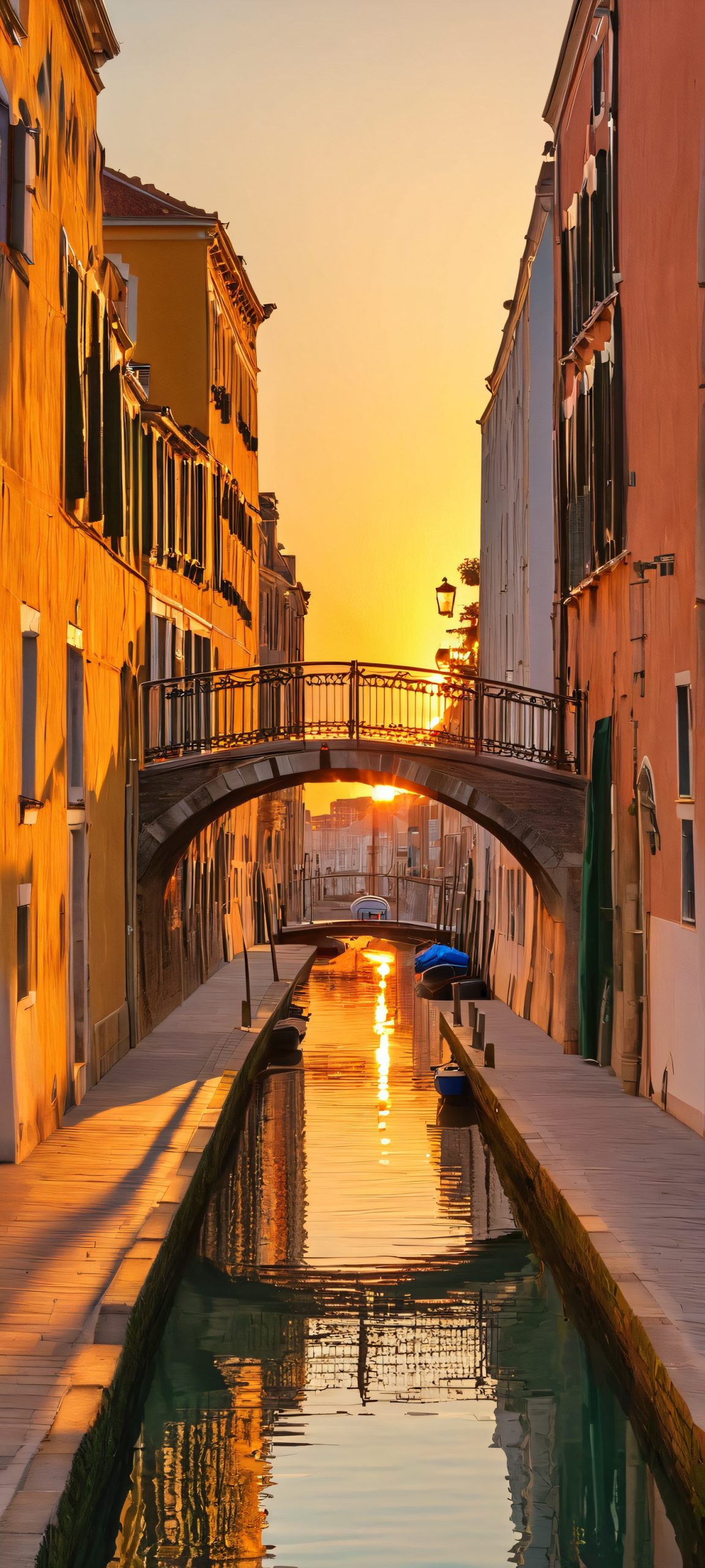 Golden Hour Bridge QHD Phone Background iPhone and Android user's delight! Stunning vertical wallpaper of an urban canal at golden hour.