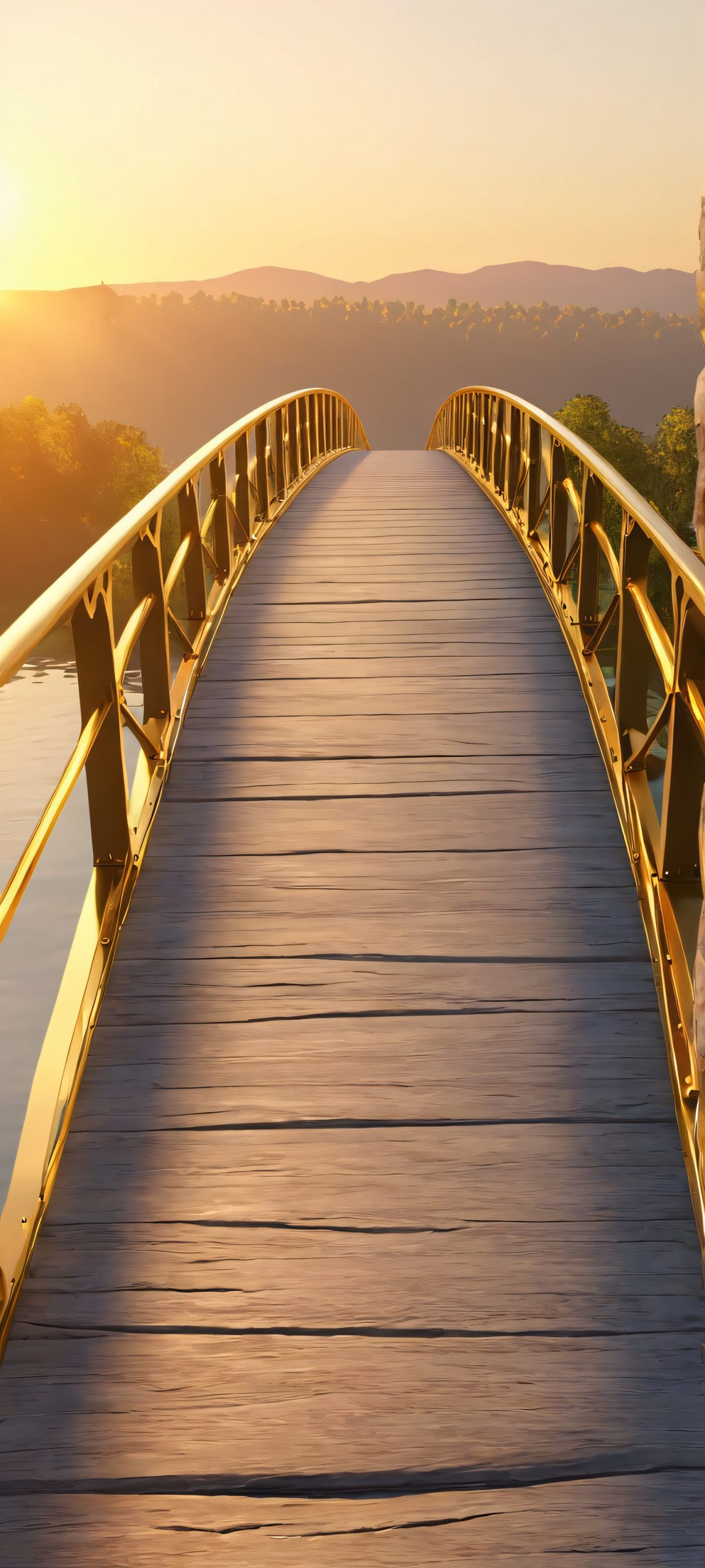 Photorealistic image of a bridge at golden hour on an iPhone or Android device