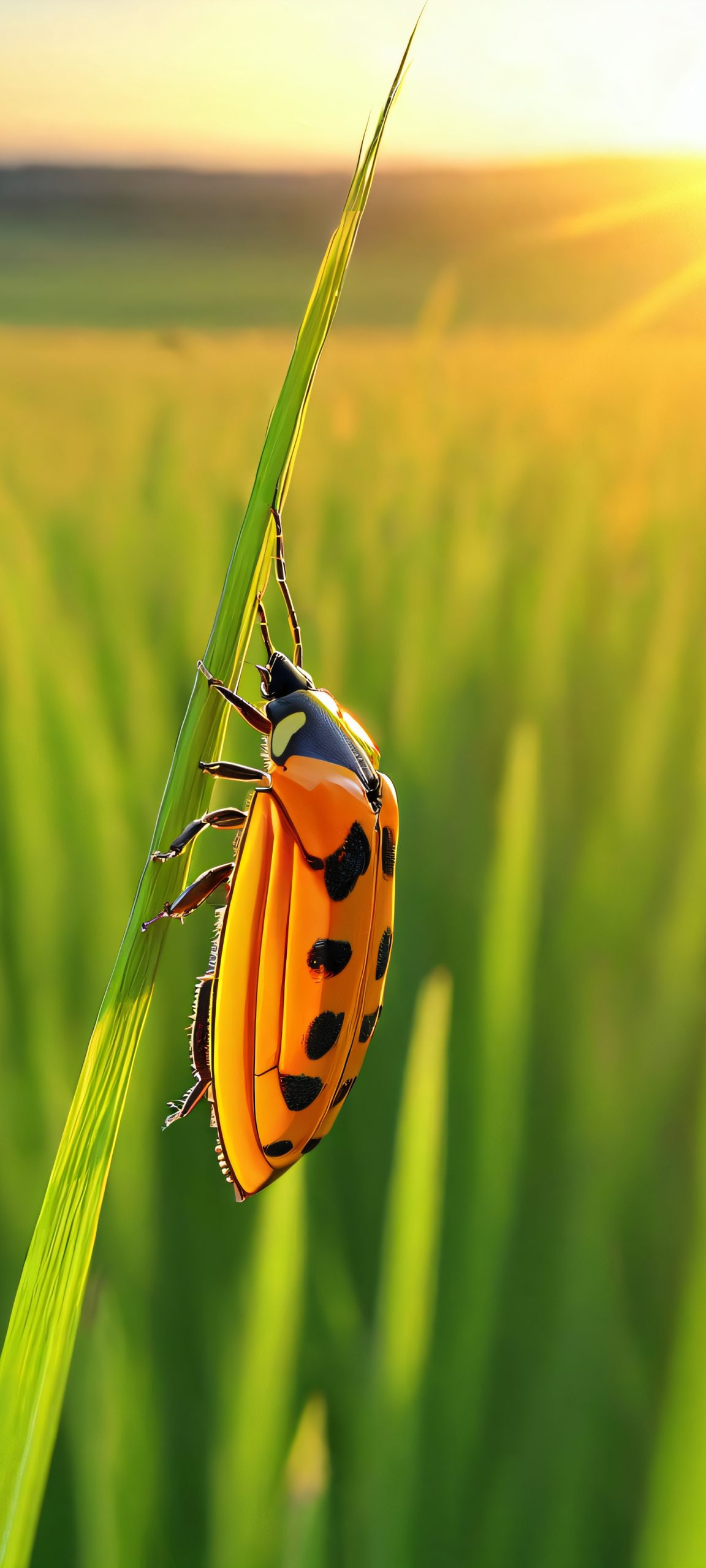 A stunning vertical bug landscape at golden hour, perfectly suited for iPhone and Android home screens.