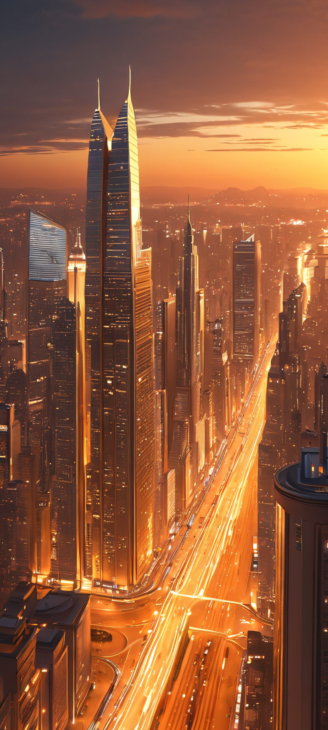 iPhone and Android compatible nighttime cityscape with golden hour tones, ideal for mobile home screens