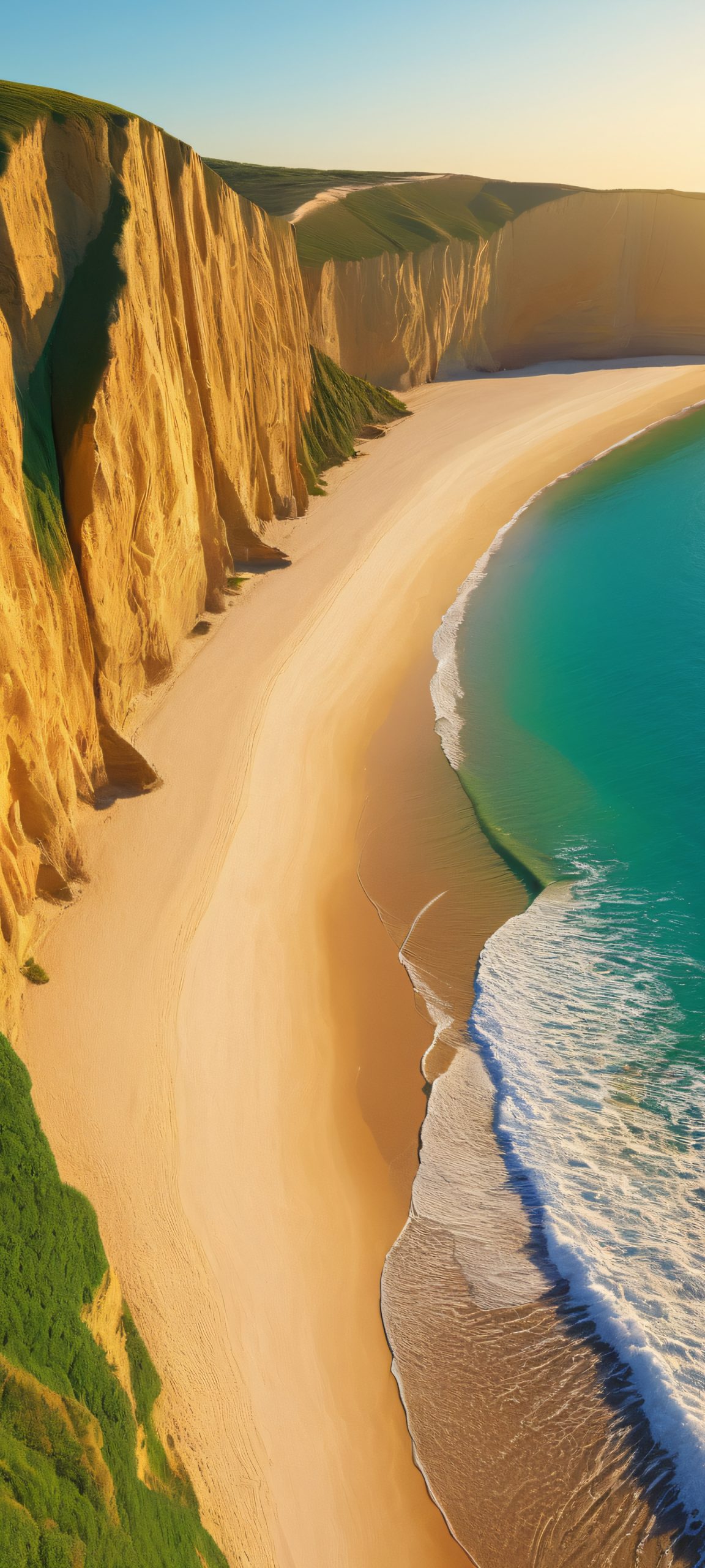 Elegant coastal landscape with golden hour cliffs and sandy beach, perfect for iPhone and Android home screens