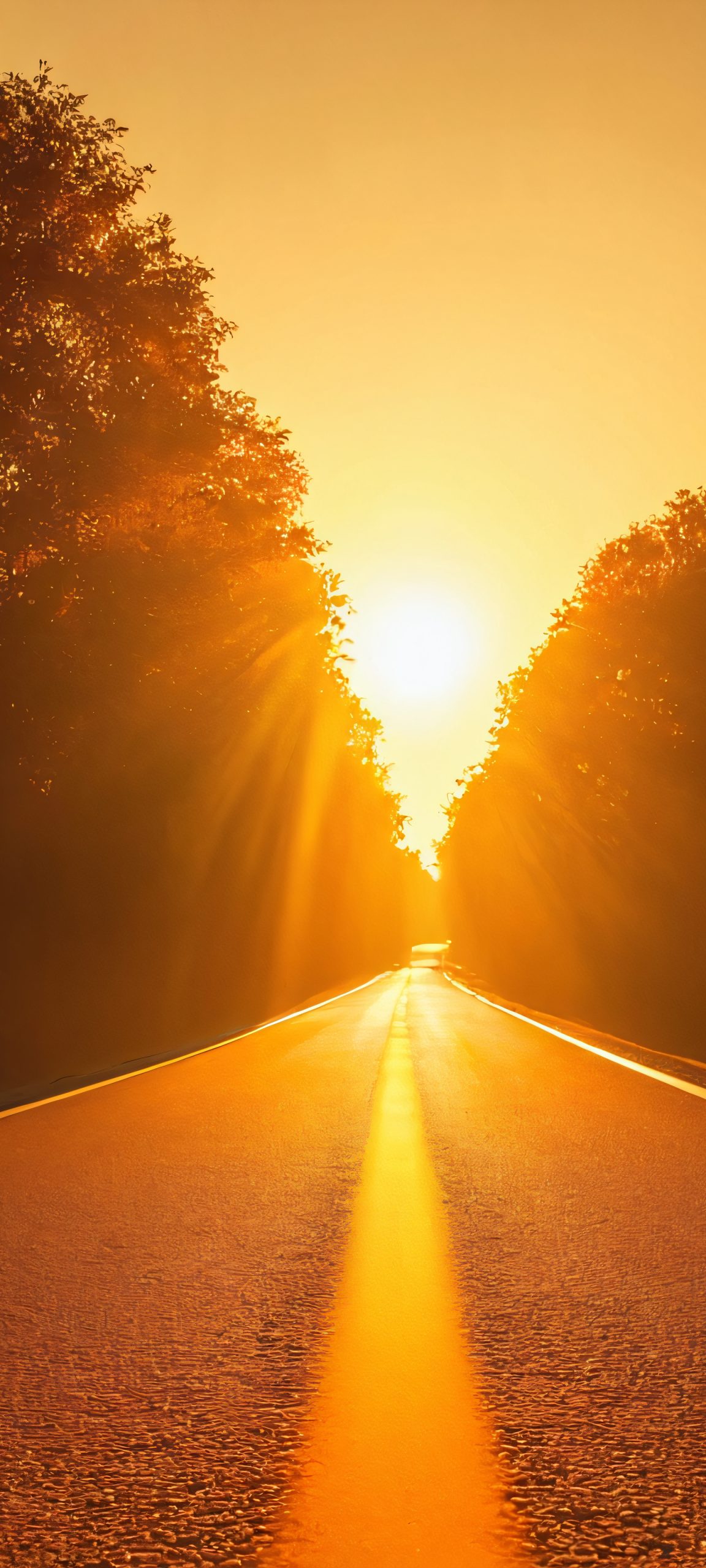 iPhone and Android user, experience the warmth of the golden hour on your mobile device's home screen with this stunning road wallpaper, featuring realistic orange, yellow, and brown hues