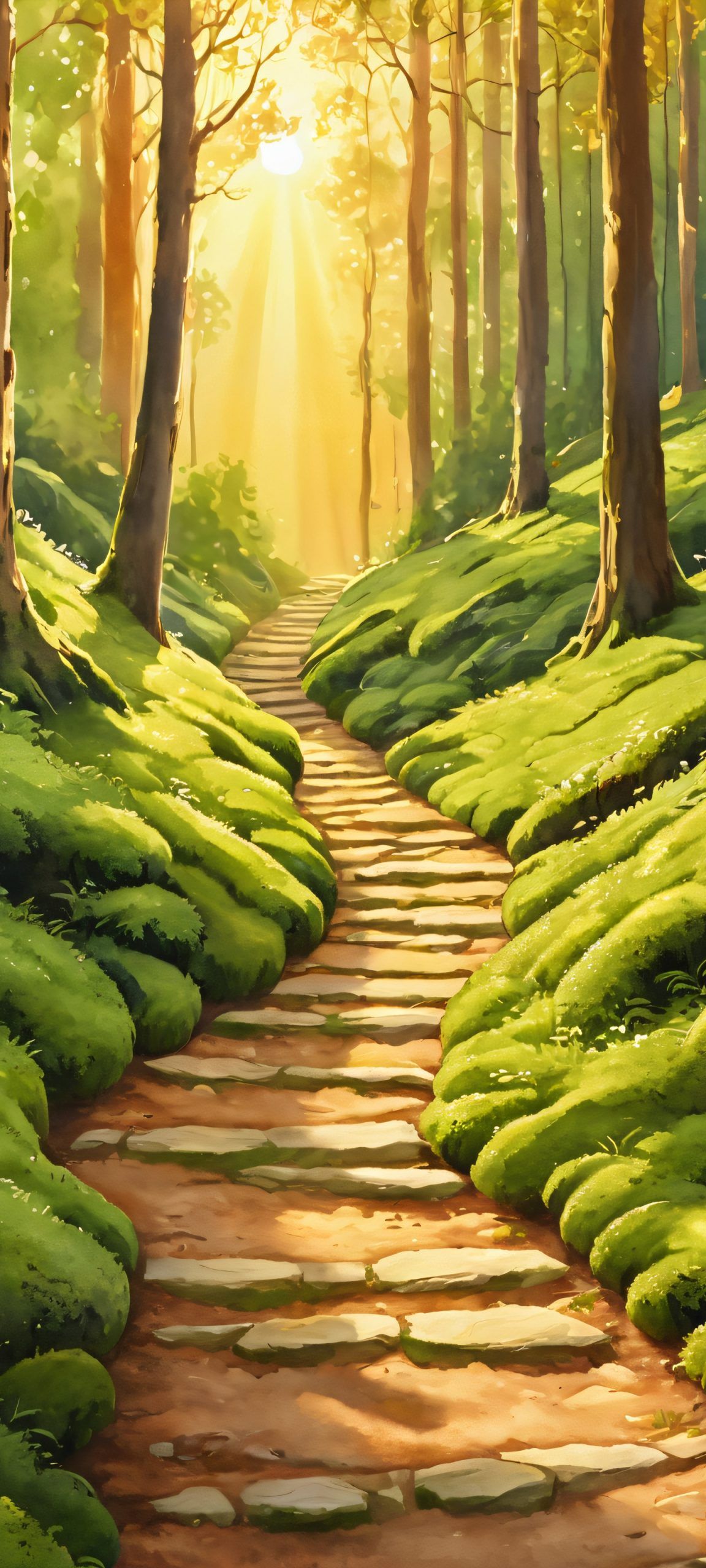 Discover the serenity of a mossy forest path at golden hour, perfect for iPhone/Android backgrounds