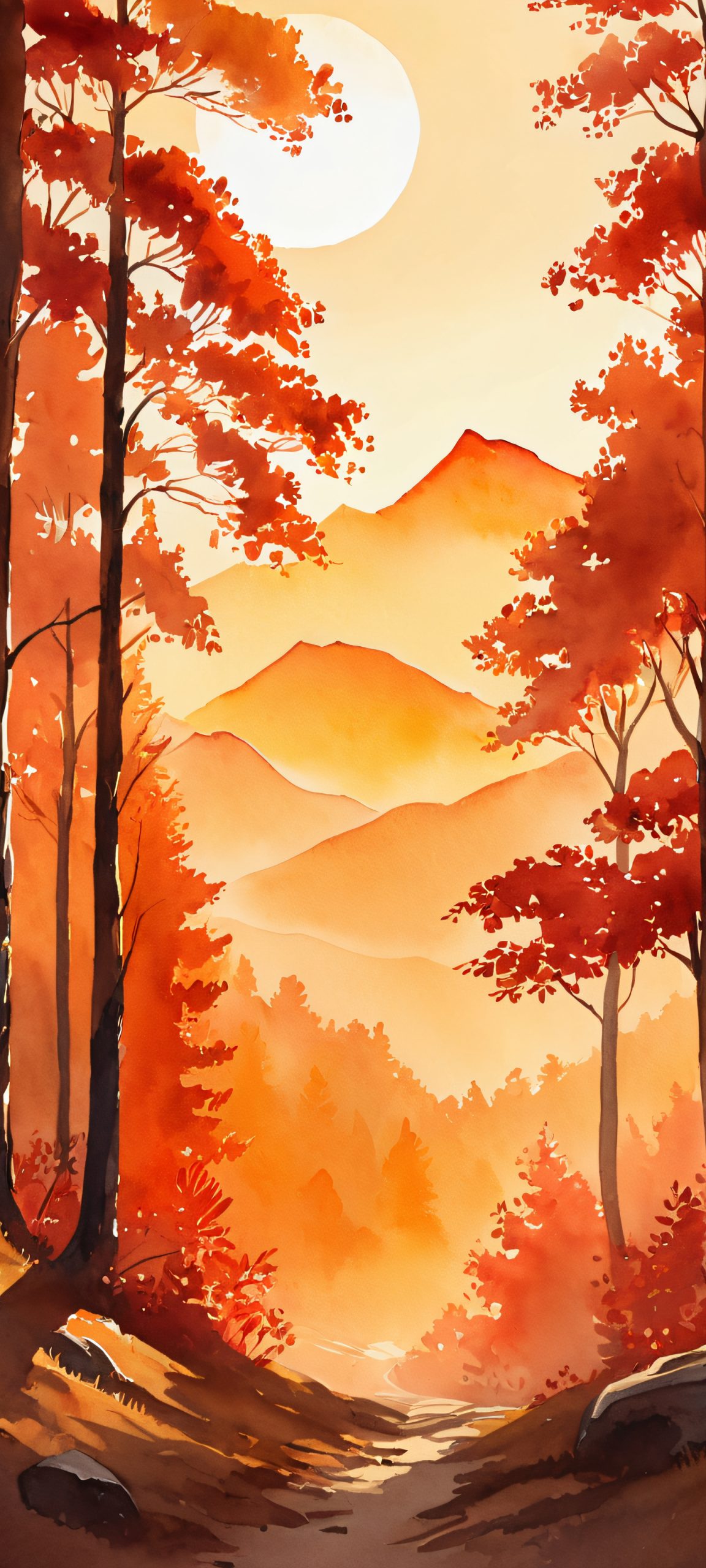 Breathtaking Sunny Forest wallpaper for iPhone and Android, featuring warm golden light, majestic mountains, and serene watercolor hues.