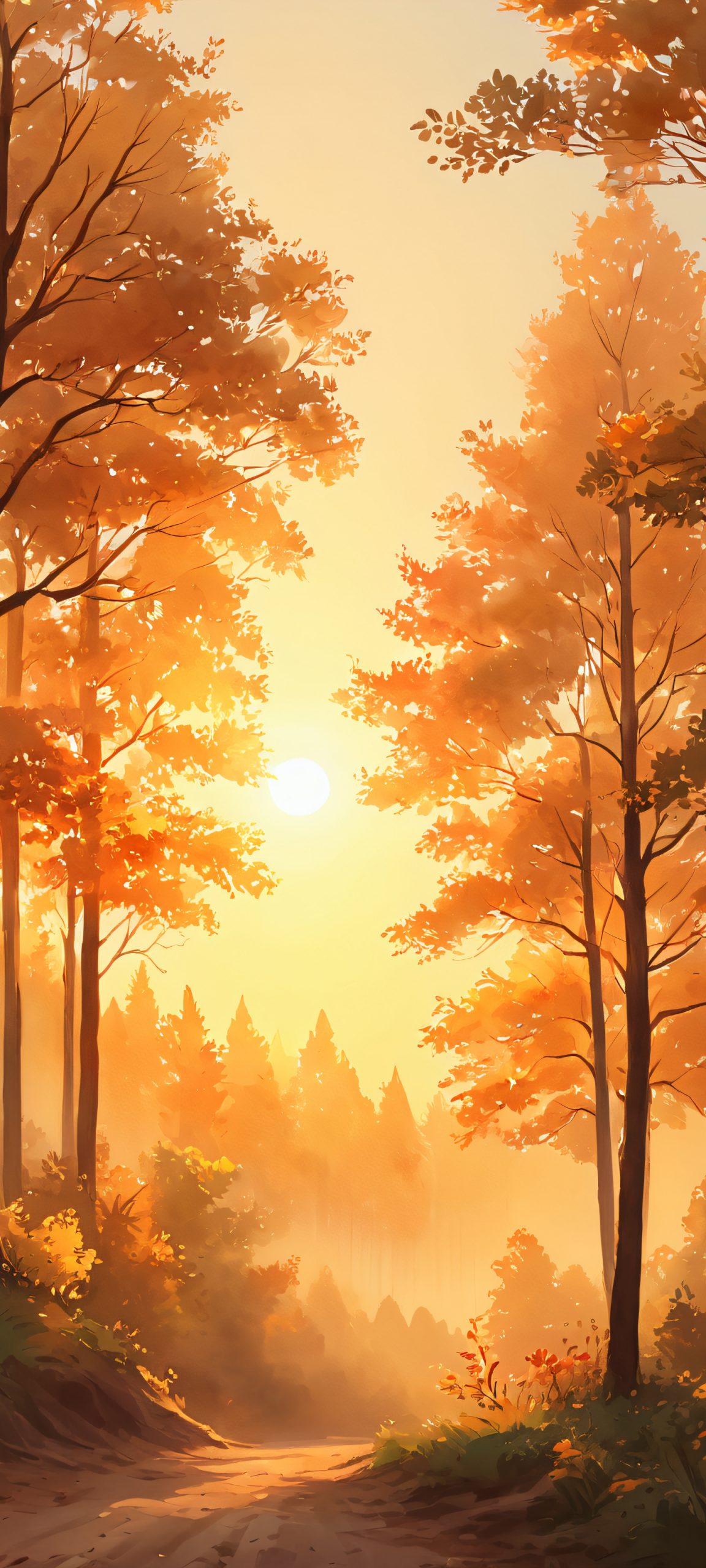 iPhone and Android users will adore this breathtaking vertical wallpaper of a serene forest, featuring vibrant autumn colors and warm, golden light.