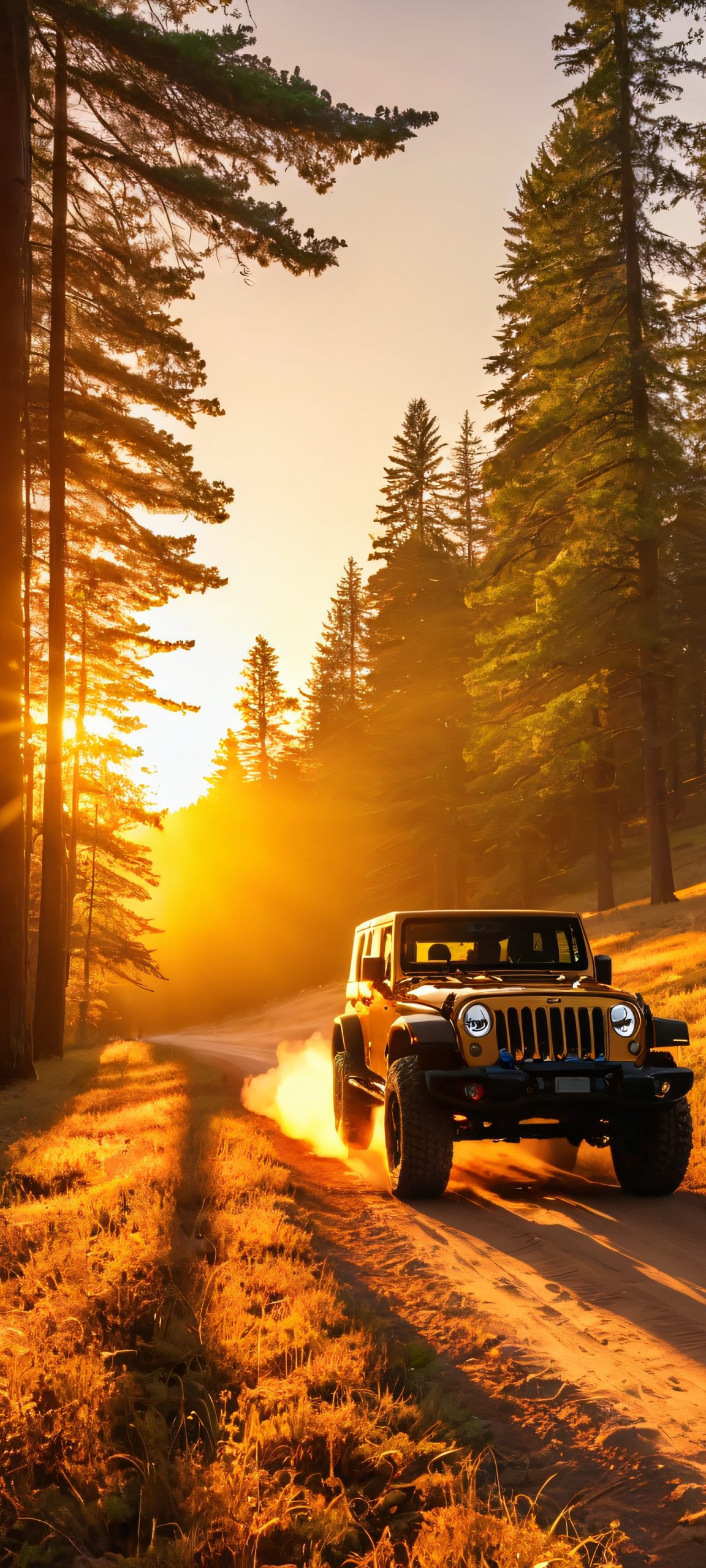 A stunning mobile wallpaper featuring a Jeep navigating through a beautiful forest during the golden hour, suitable for iPhone and Android devices.