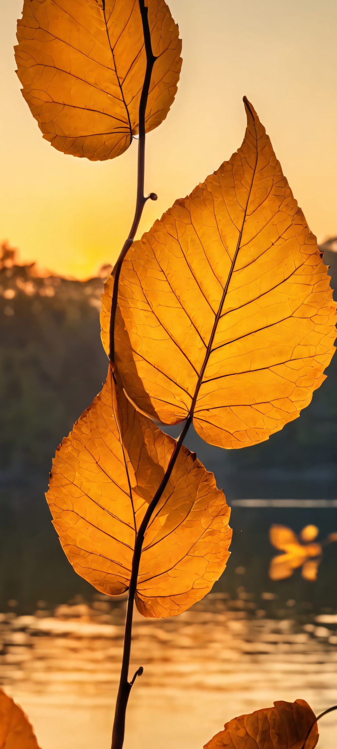 Golden Hour on the Lake QHD Phone Background A serene iPhone and Android wallpaper featuring a stunning lake surrounded by autumn leaves at golden hour. Perfect for your mobile home screen.