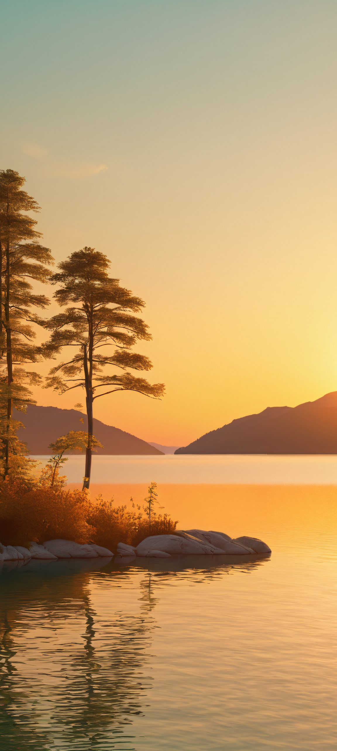 iPhone and Android users will love this serene golden hour lake view wallpaper, featuring tranquil turquoise and cream tones.