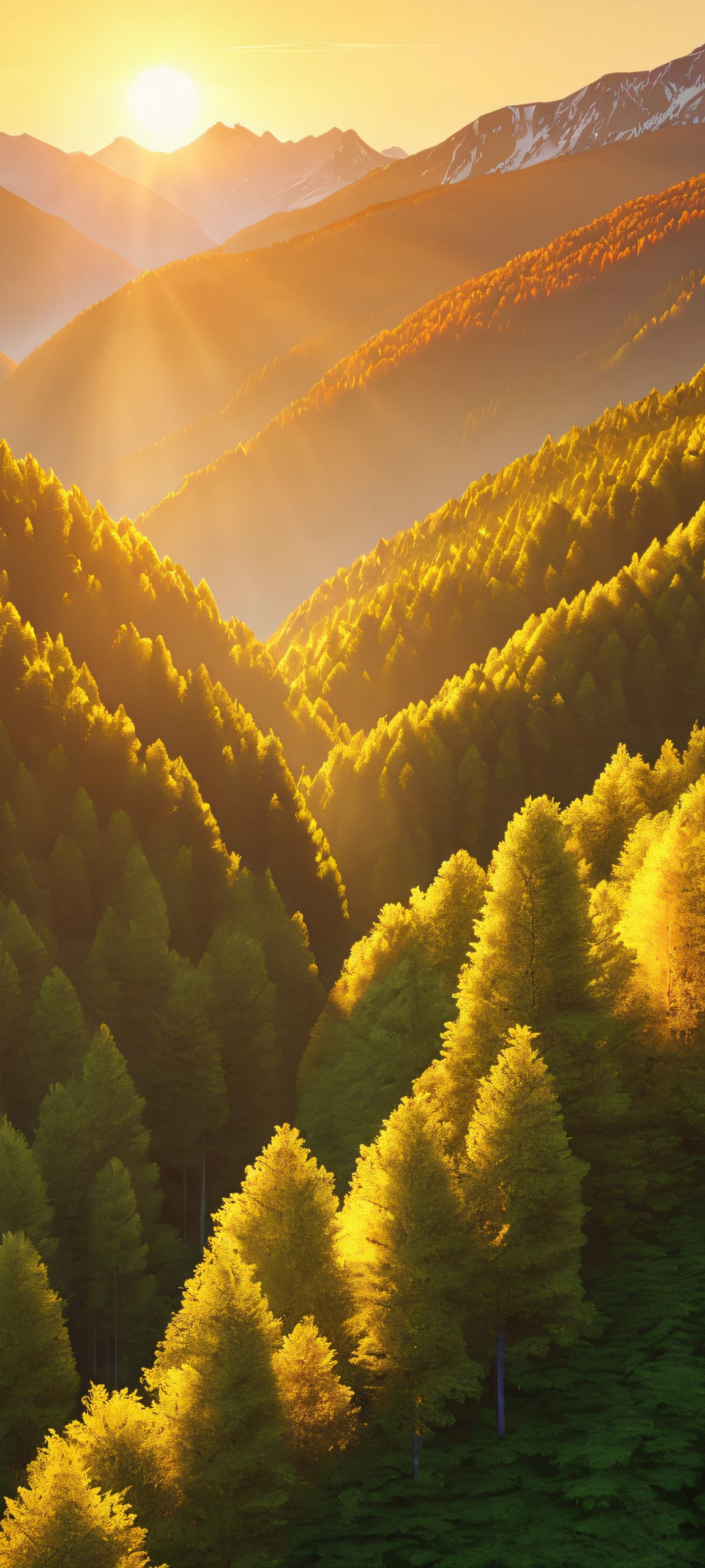A stunning photorealistic image of a mountain and forest during golden hour, perfectly optimized for iPhone, Samsung Galaxy, and Android home screens.