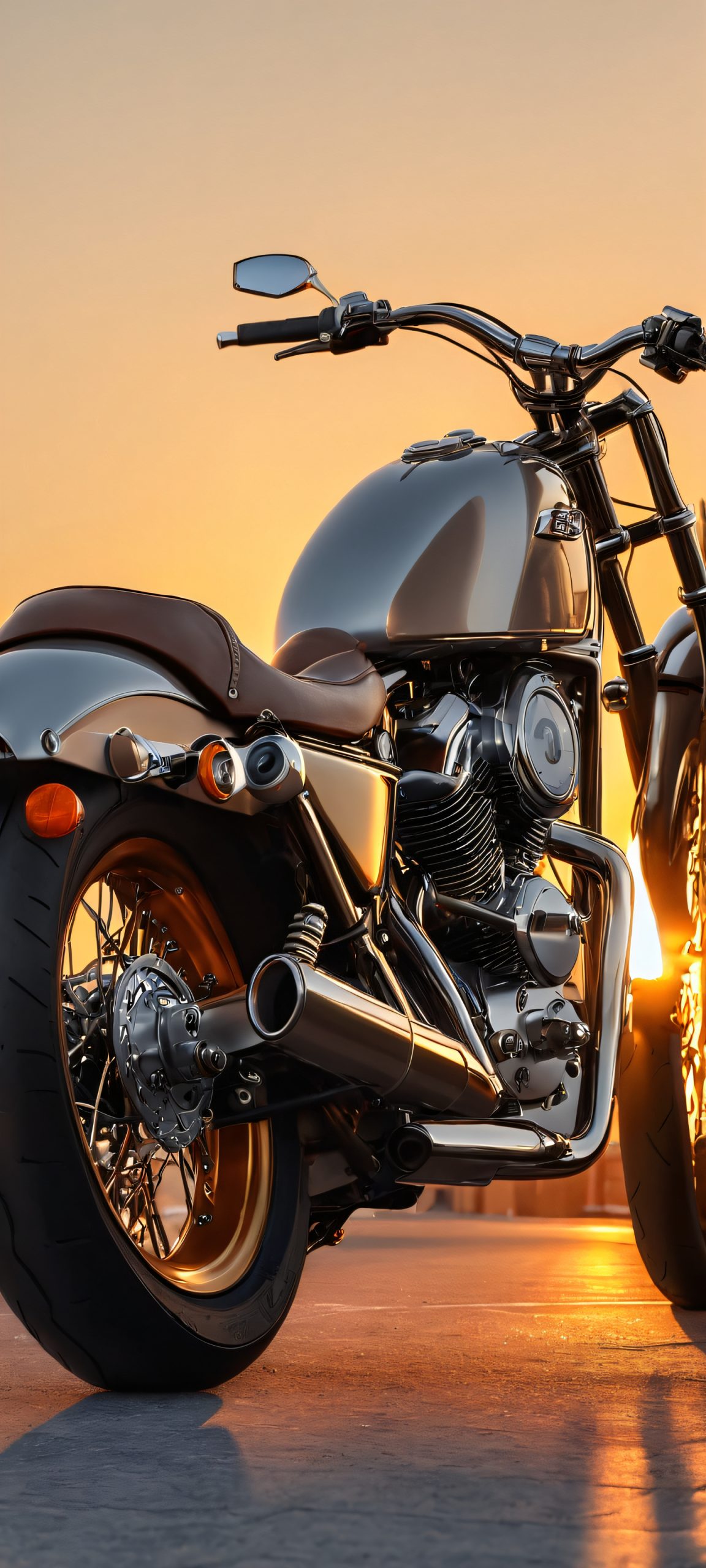 A metallic gray motorcycle rider on a warm brown urban street at golden hour. Perfect for iPhone and Android home screens.