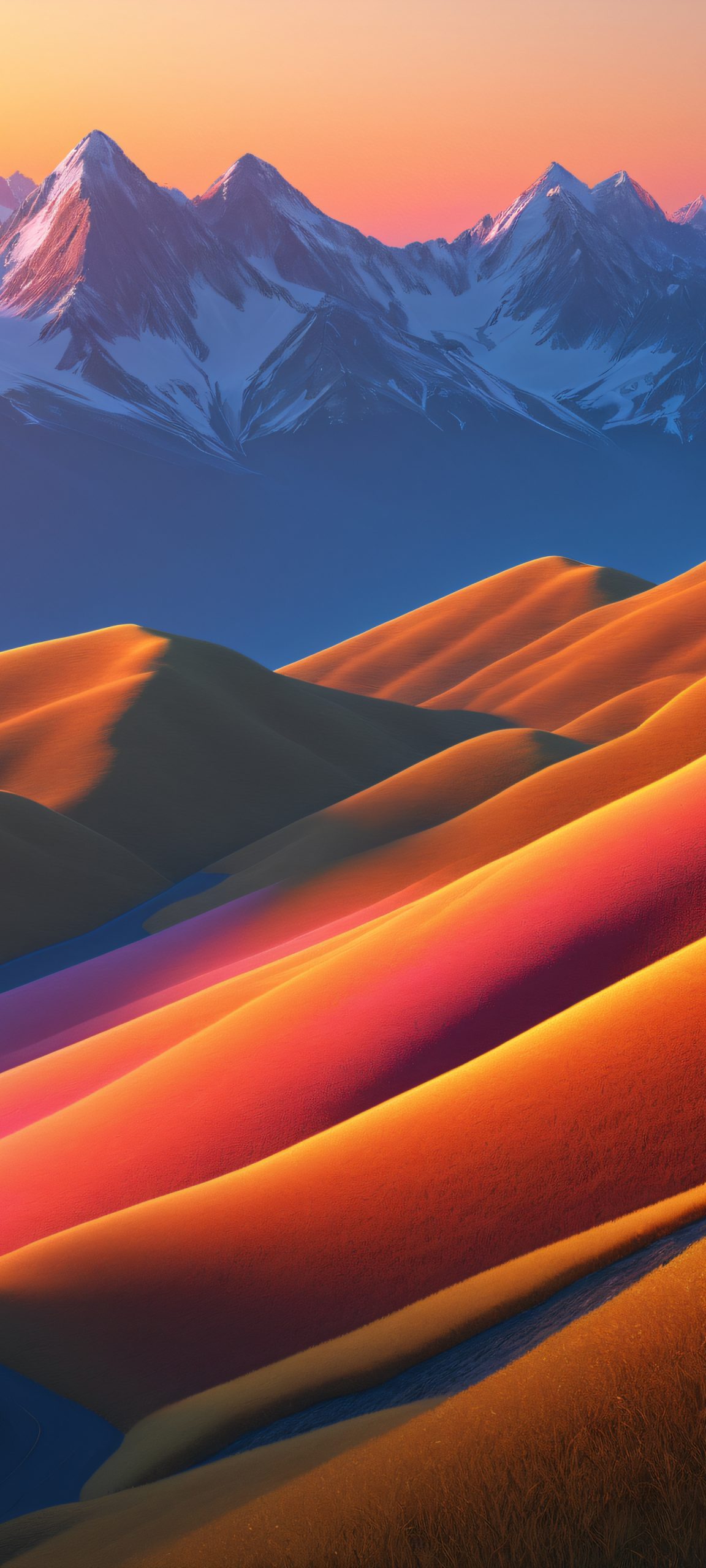 A majestic mountain range at golden hour, perfect for iPhone/Android screens, with warm hues of orange, yellow, pink, and blue
