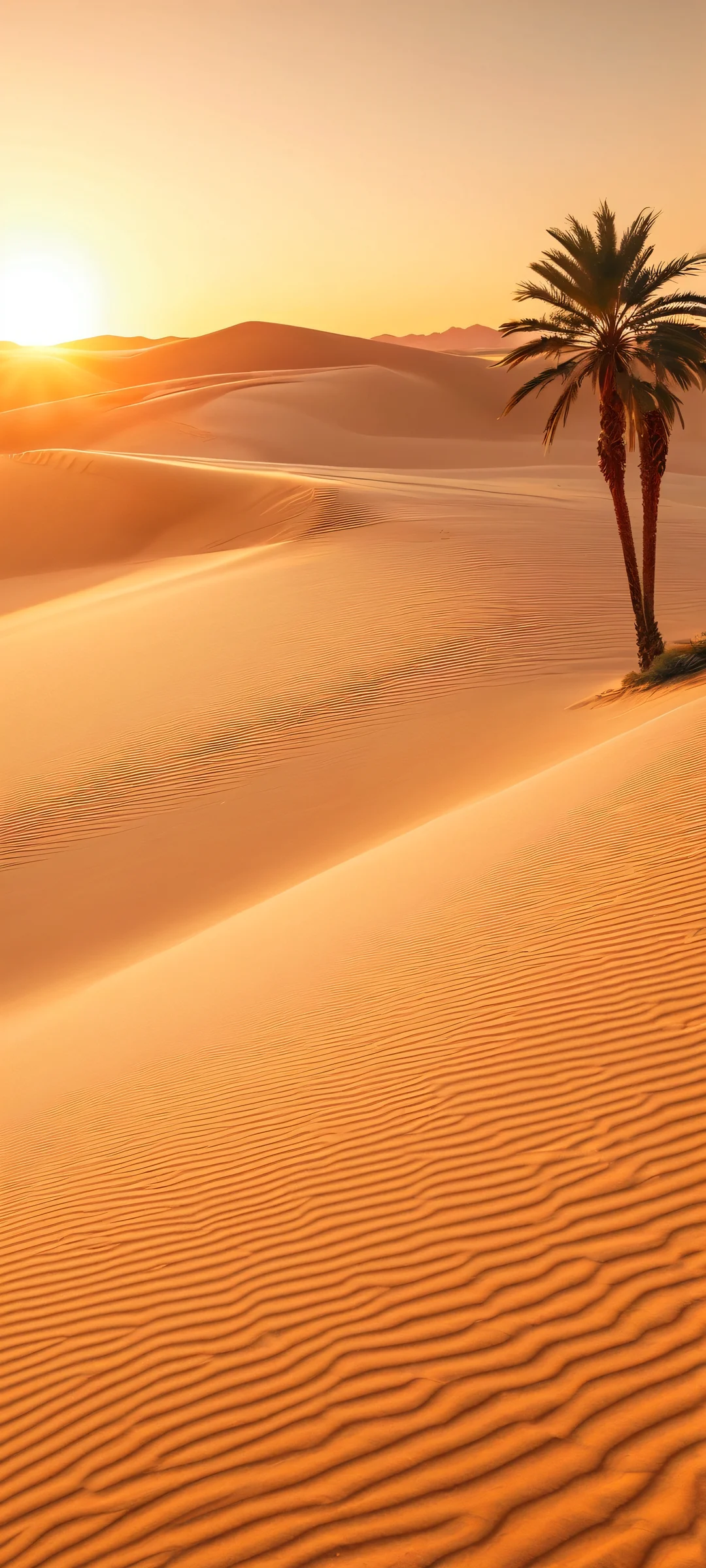 Breathtaking vertical mobile phone wallpaper of palm trees and desert sandy dunes, captured during a stunning golden hour sunset on iPhone/Android.