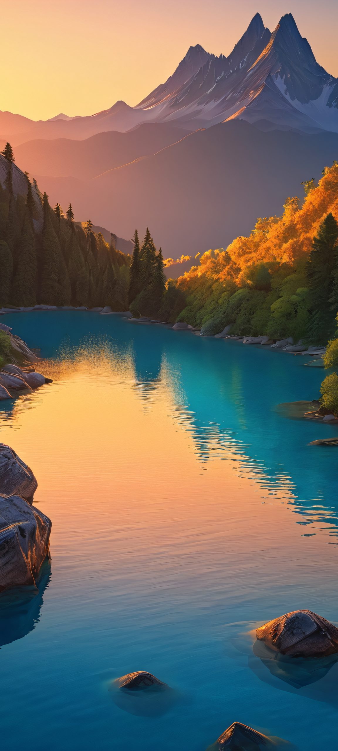 Golden Hour on Earth's Majesty Lock Screen for iOS & Android Beautiful Golden Hour scene on a mountain lake, perfect for iPhone/Android home screens