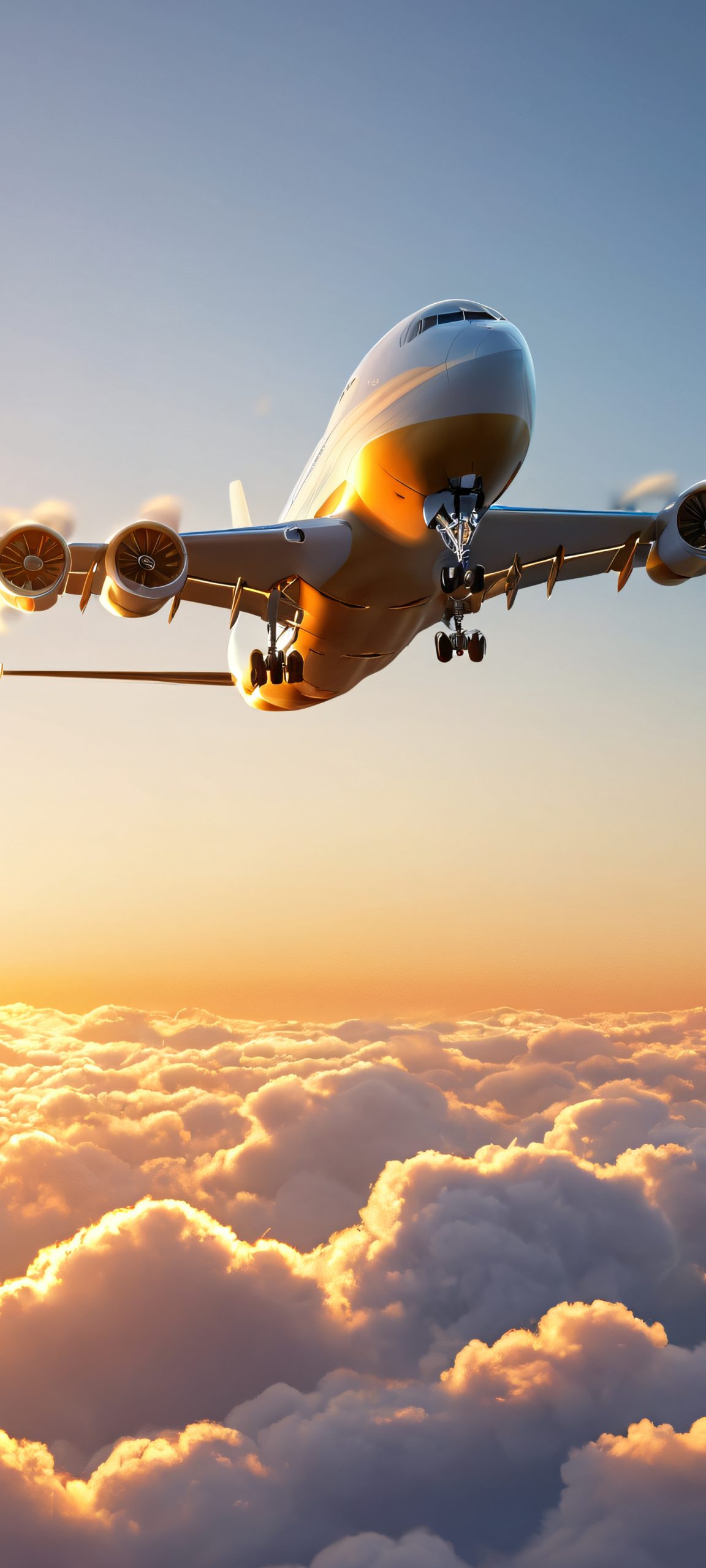 A majestic plane soars through the cloudy sky during the golden hour, perfect for iPhone/Android home screens.