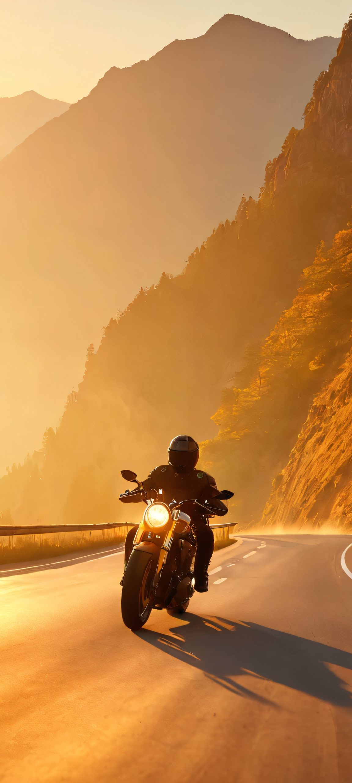 Motorcycle rider speeding down a mountain road during golden hour, perfect for iPhone and Android home screens