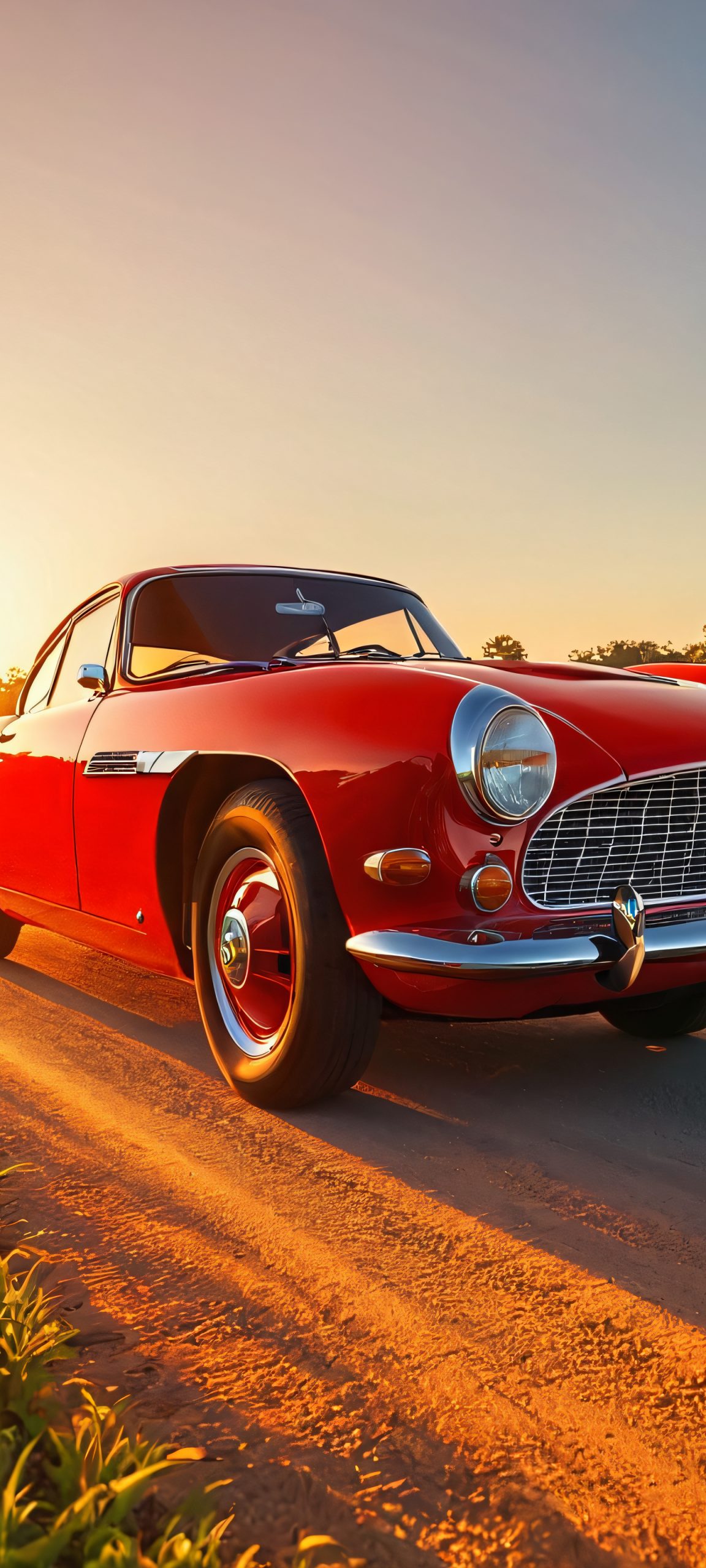 A stunning image of a red car parked by the roadside during the golden hour, perfect for your iPhone or Android home screen.