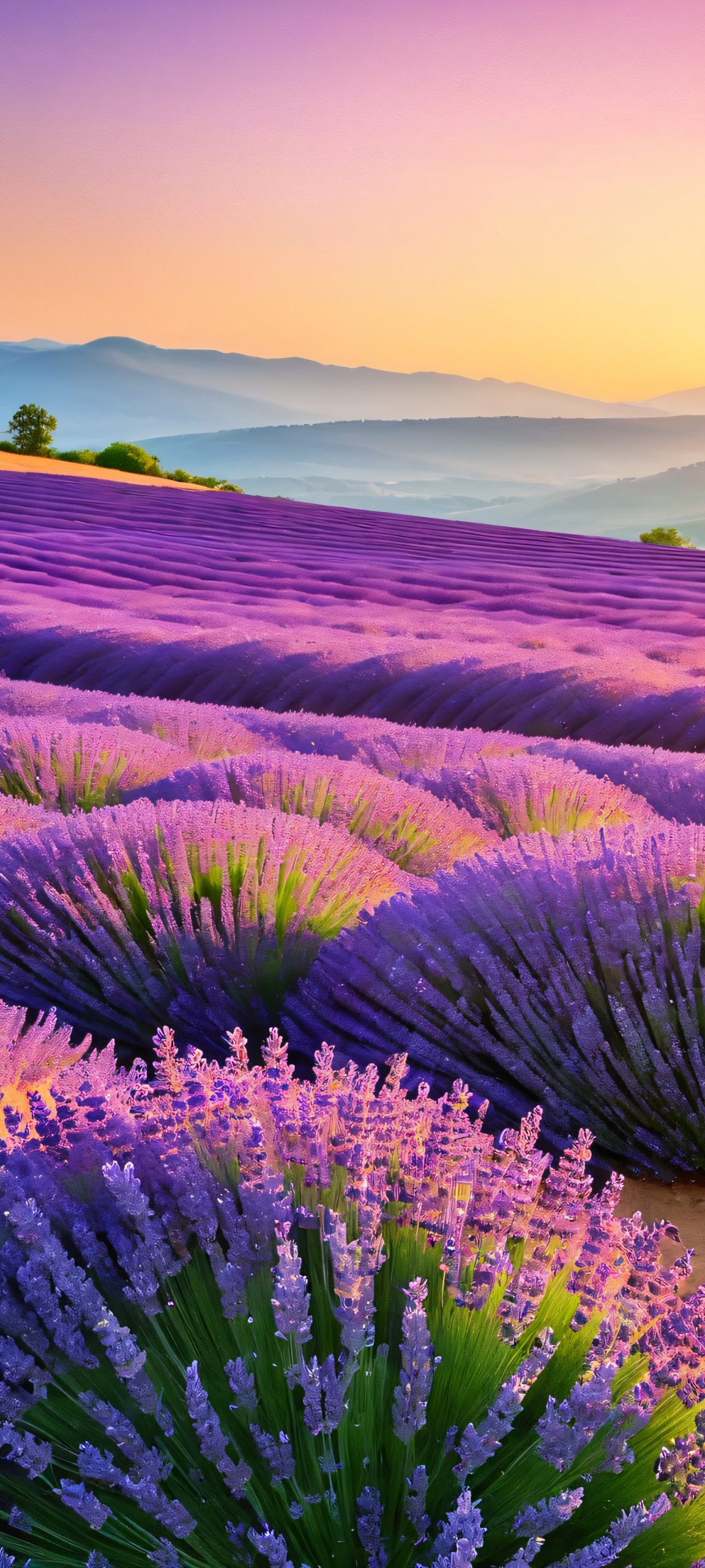 A beautiful watercolor-inspired image of a lavender field at golden hour, perfectly optimized for iPhone and Android home screens.