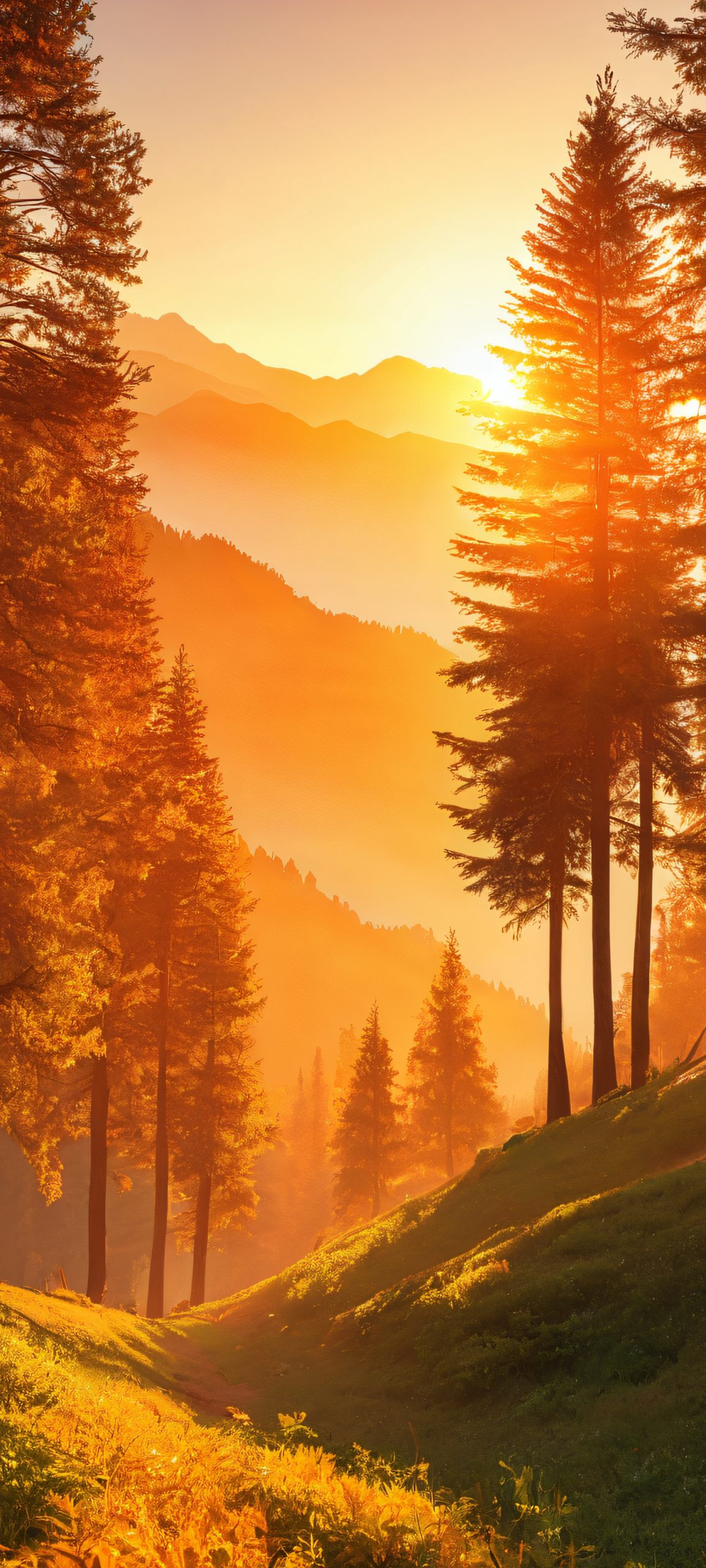 iPhone and Android users, immerse yourself in this breathtaking vertical wallpaper of serene trees set against a stunning golden hour mountainous backdrop.