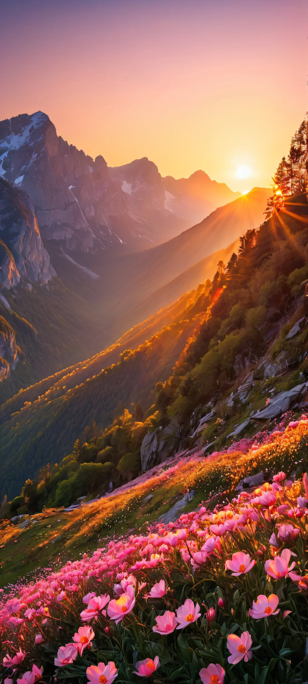 iPhone/Android mobile wallpaper featuring a breathtaking sunrise landscape with soft pink and warm orange hues.