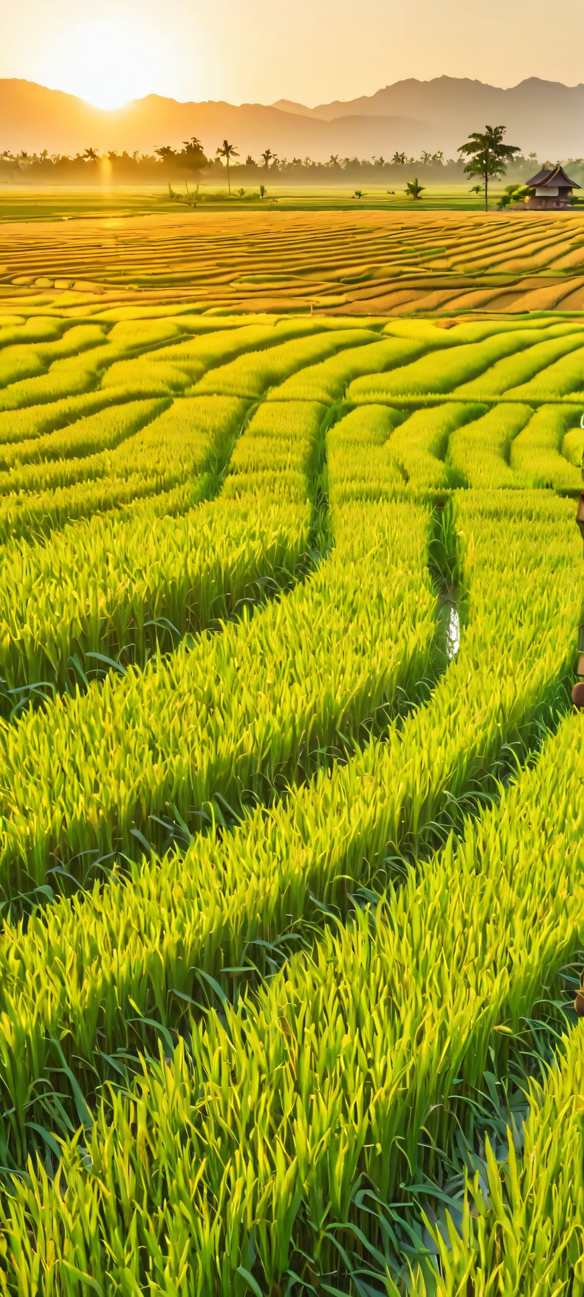 A serene rice field landscape during the golden hour on an iPhone or Android device.