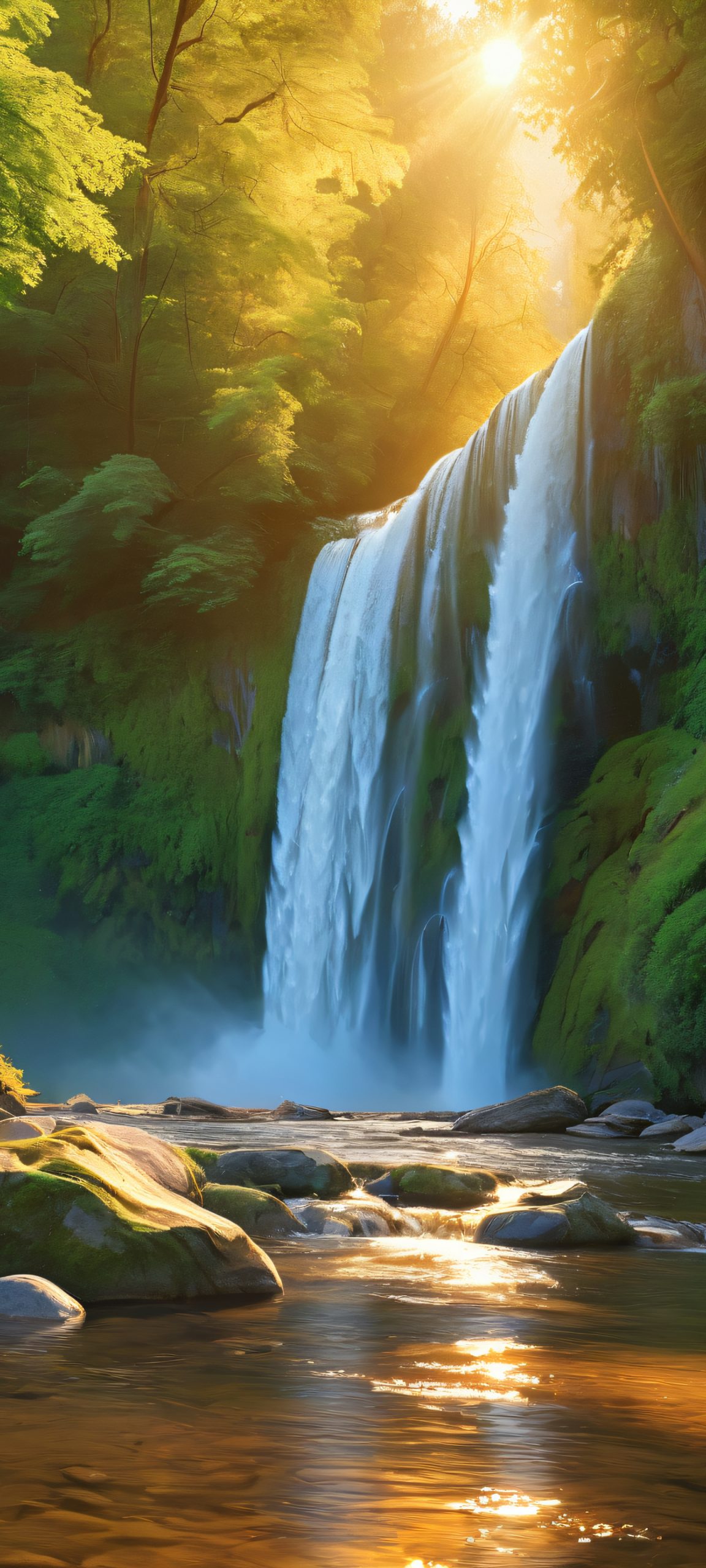 golden hour serenity waterfall forest mobile wallpaper scaled