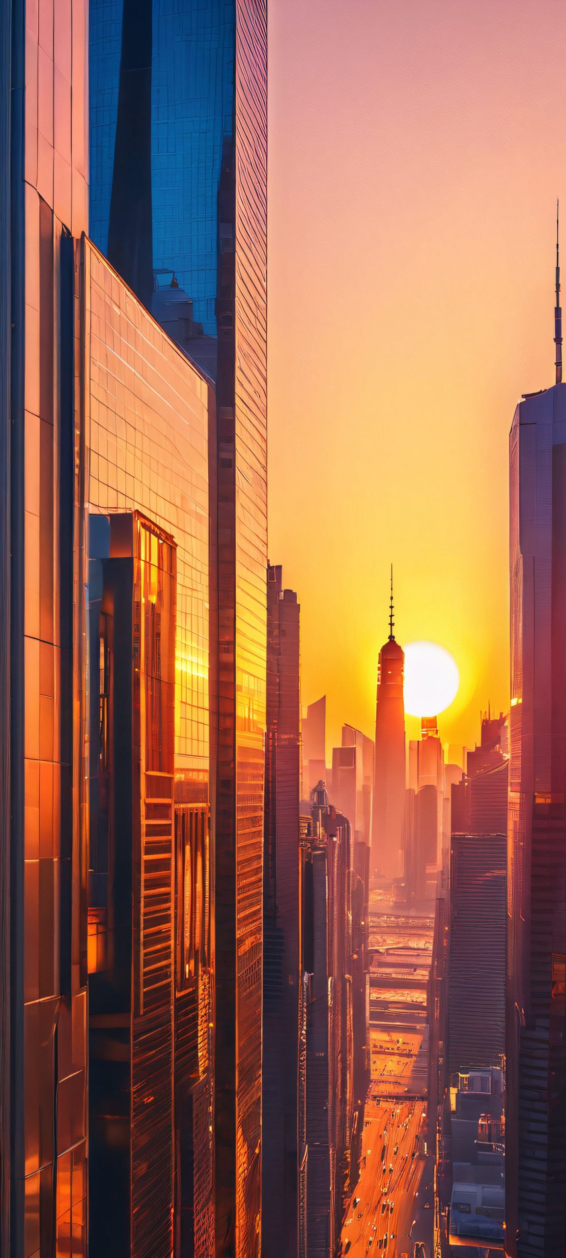 A stunning cityscape at golden hour, featuring sleek skyscrapers, vibrant neon lights, and metallic reflections on iPhone and Android devices.