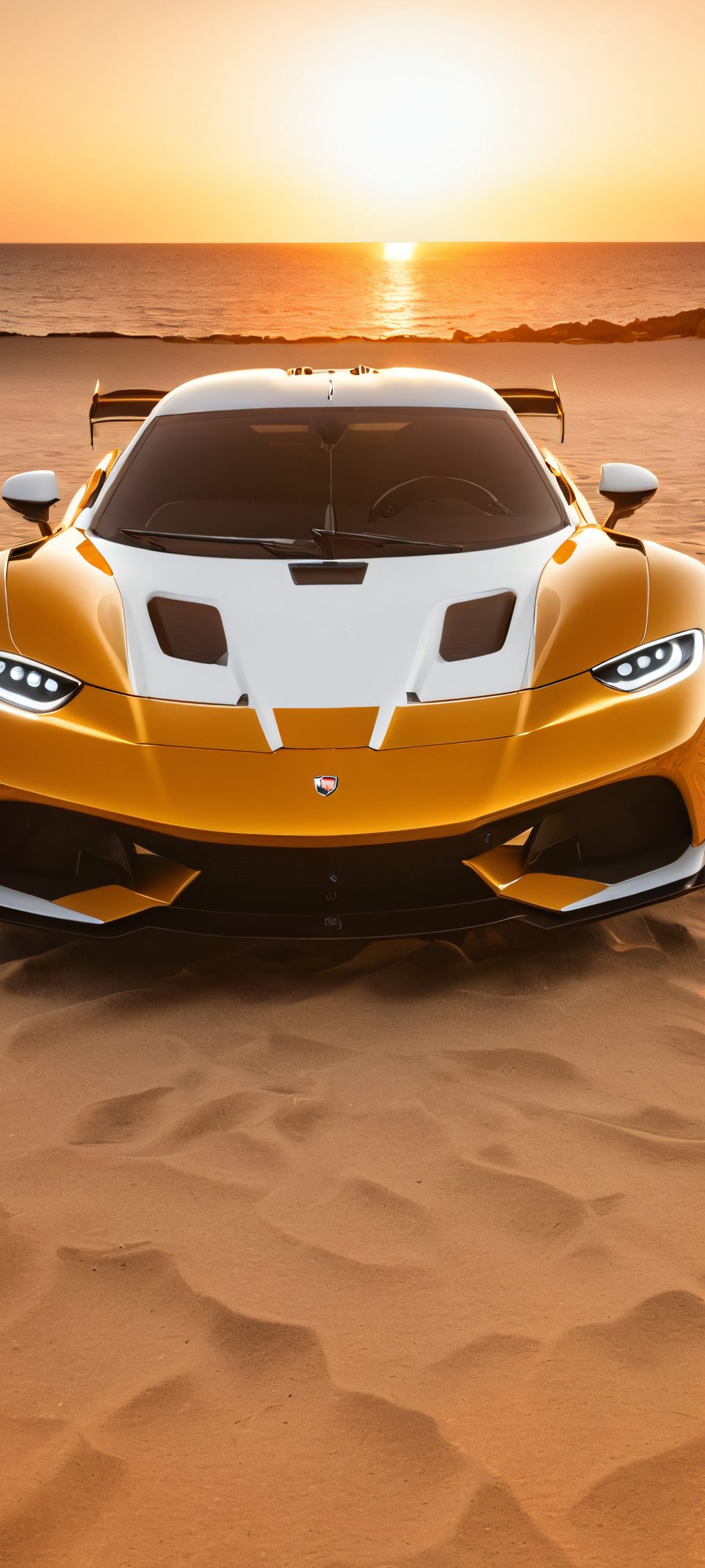 A beautiful golden hour photo of a sleek sports car on a beach, perfect for iPhone and Android devices.
