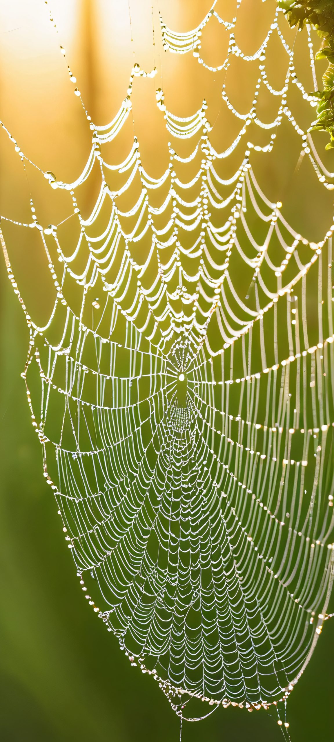 A delicate spiderweb glistens in the soft golden light of a serene forest, perfect for iPhone/Android home screens