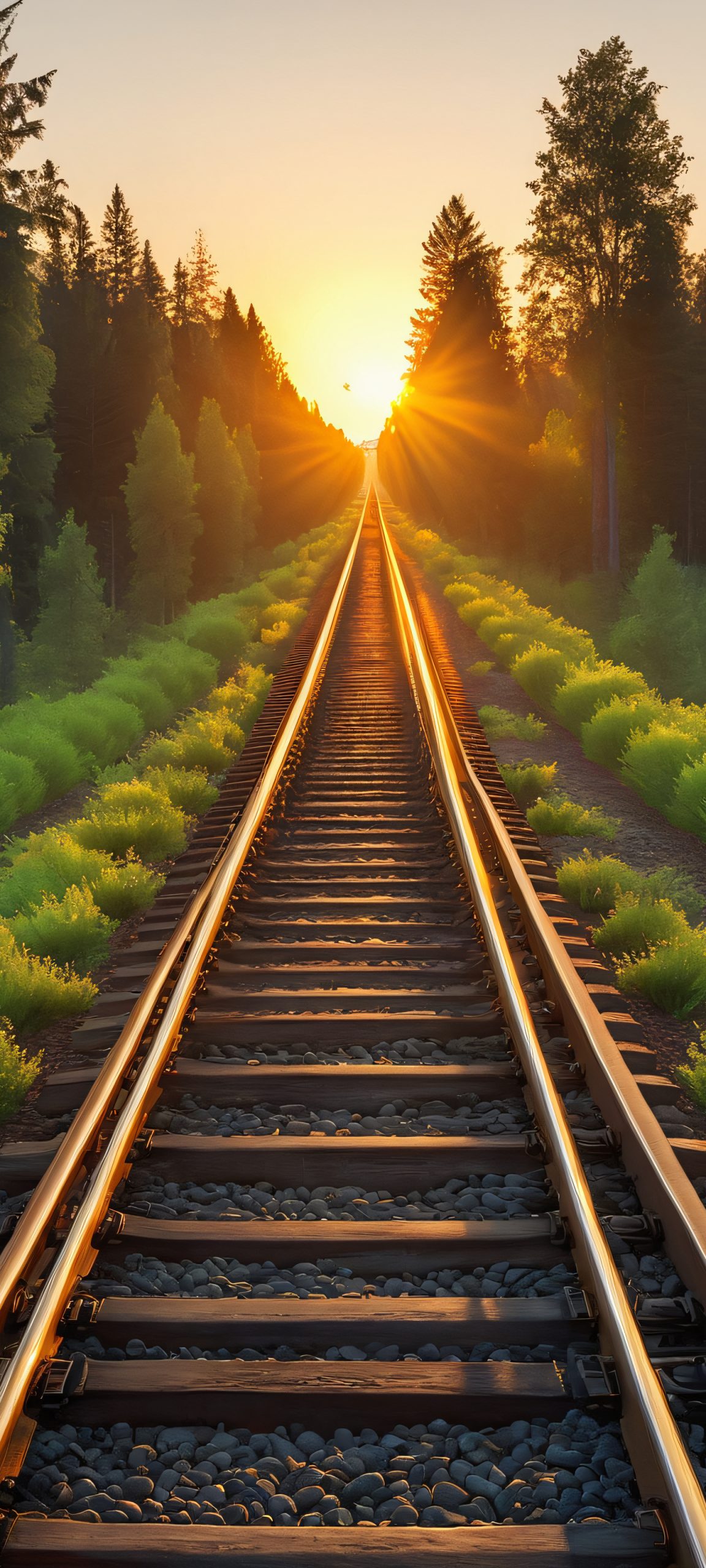 iPhone/Android mobile phone wallpaper of train tracks amidst a serene forest, capturing the golden hour's warm tones