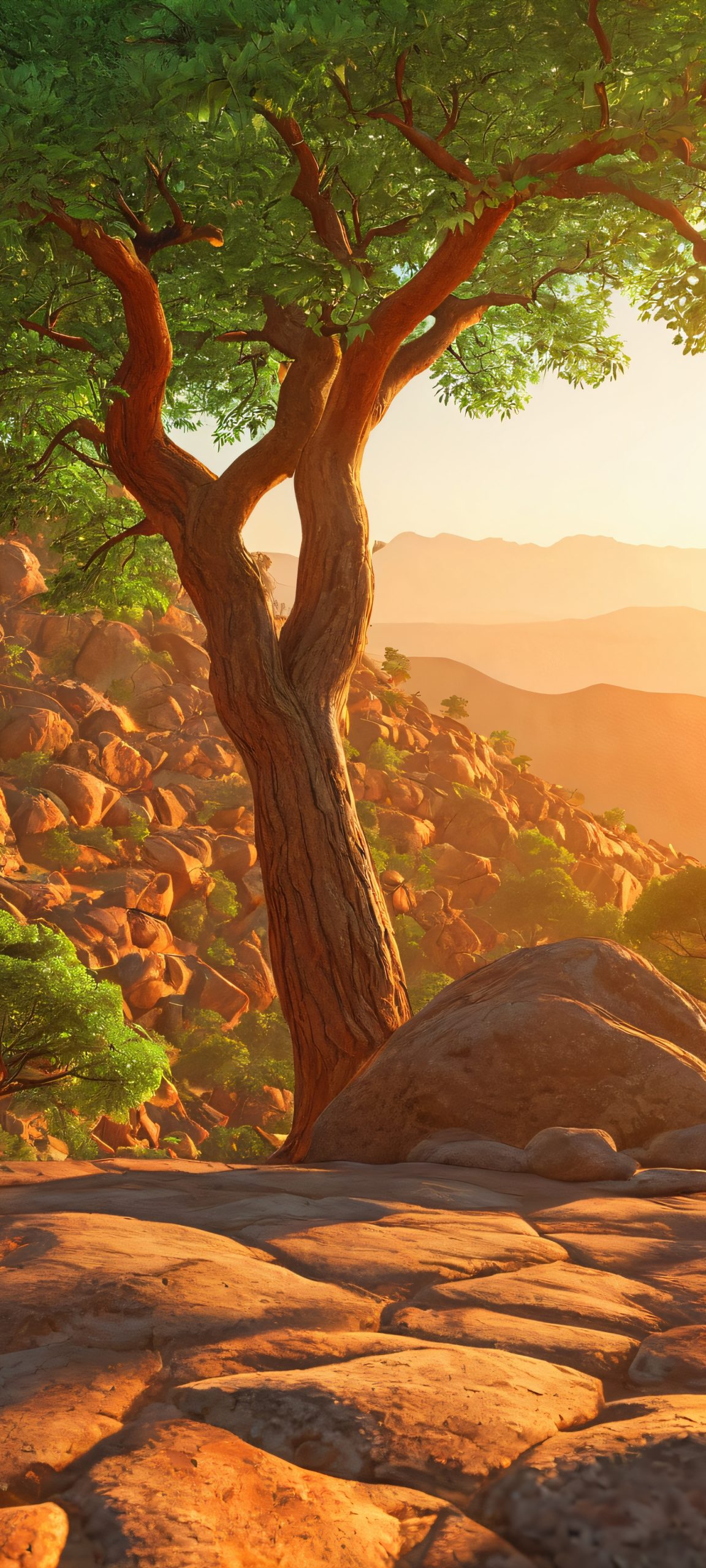 Breathtaking Golden Hour landscape featuring a majestic tree set against a rocky terrain, perfectly optimized for iPhone and Android home screens.
