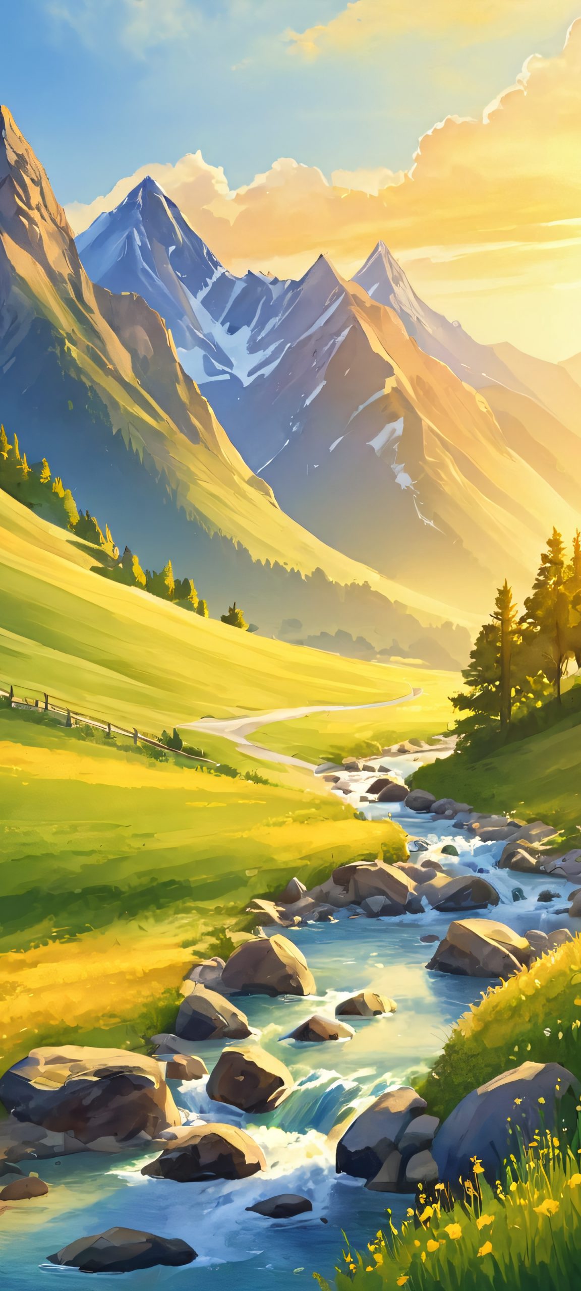 Breathtaking vertical mobile wallpaper of Mountain Valley during Golden Hour, featuring stunning iPhone and Android compatible landscape with watercolor style