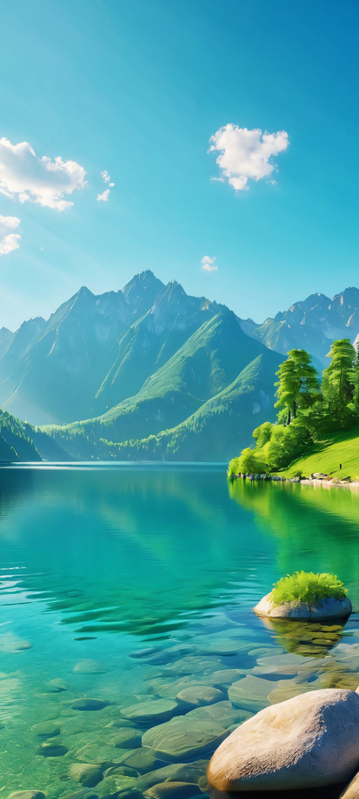 A stunning vertical mobile phone wallpaper featuring a serene lake surrounded by majestic mountains, perfectly suitable for iPhone and Android devices.