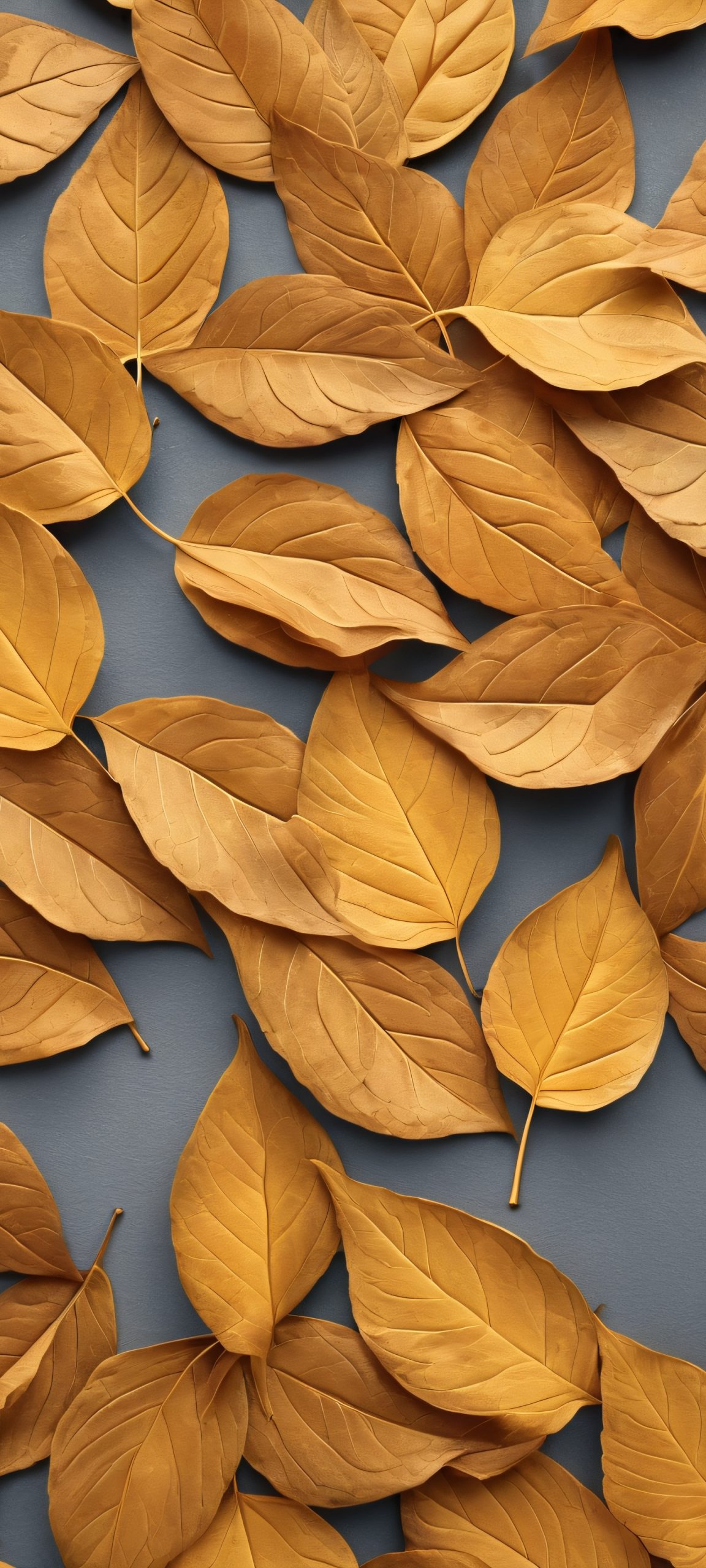 A stunning iPhone and Android wallpaper featuring realistic golden leaves against a gray overcast sky.