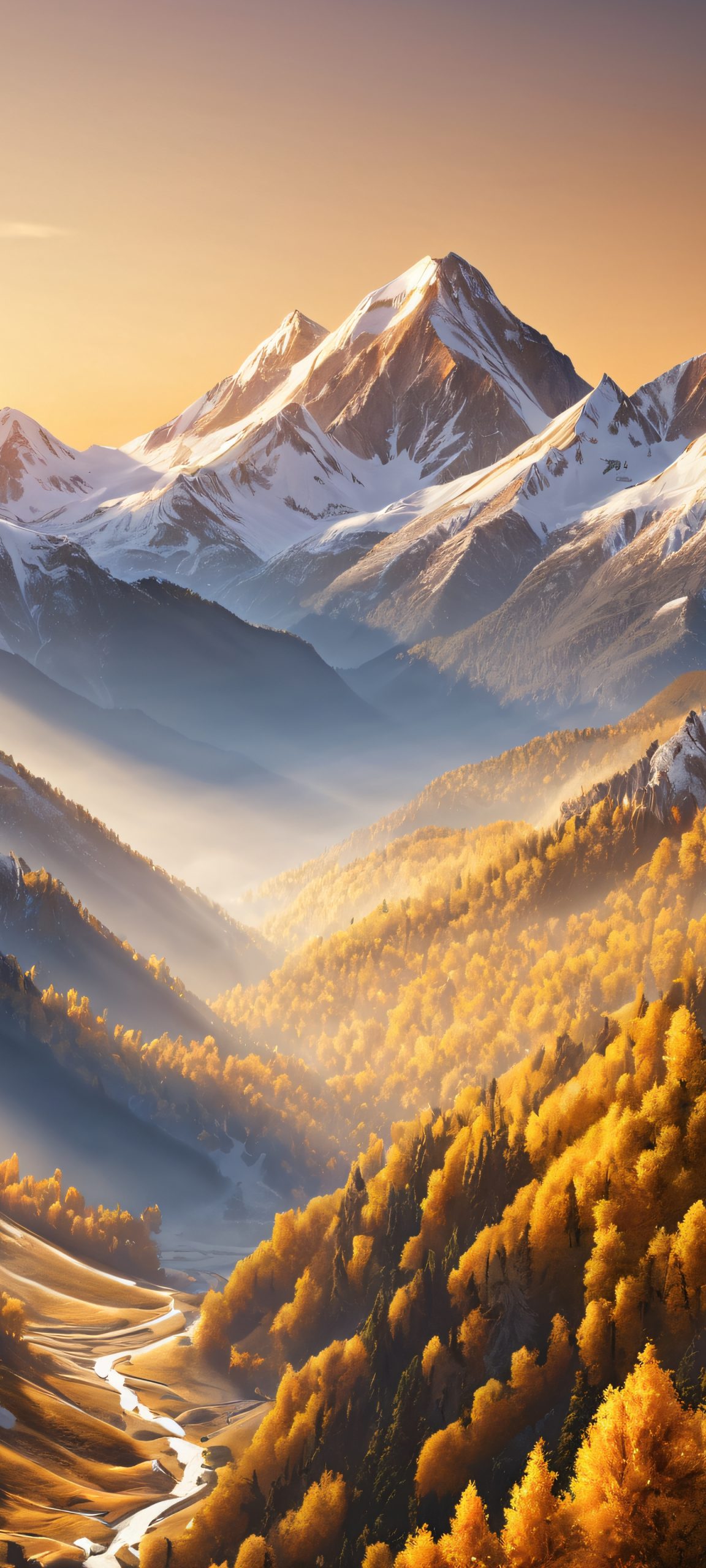 A breathtaking vertical mobile phone wallpaper of a mountain landscape with golden, brown, gray, and white hues, perfect for iPhone and Android devices.