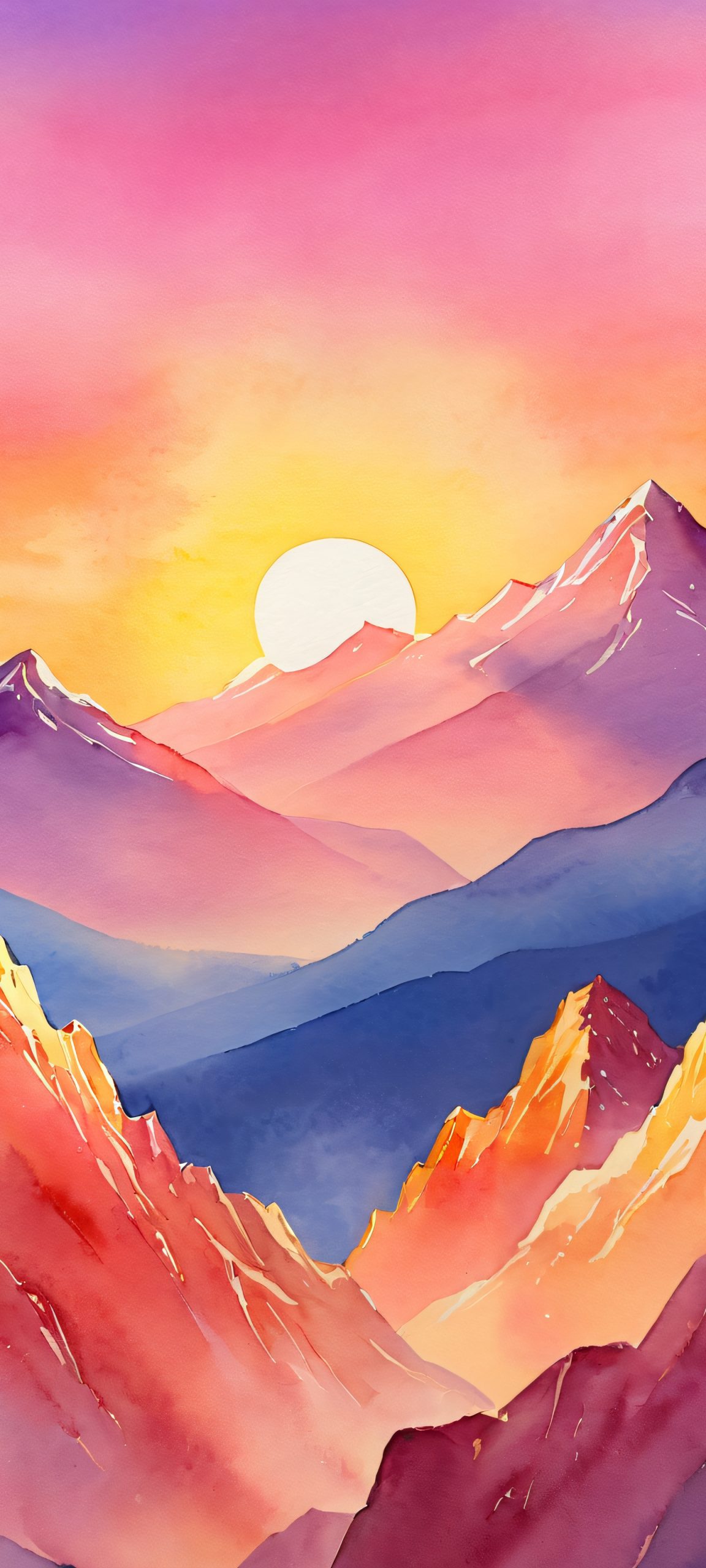 A breathtaking iPhone and Android compatible sunset wallpaper featuring a majestic mountain range painted in warm pink, orange, and yellow hues.