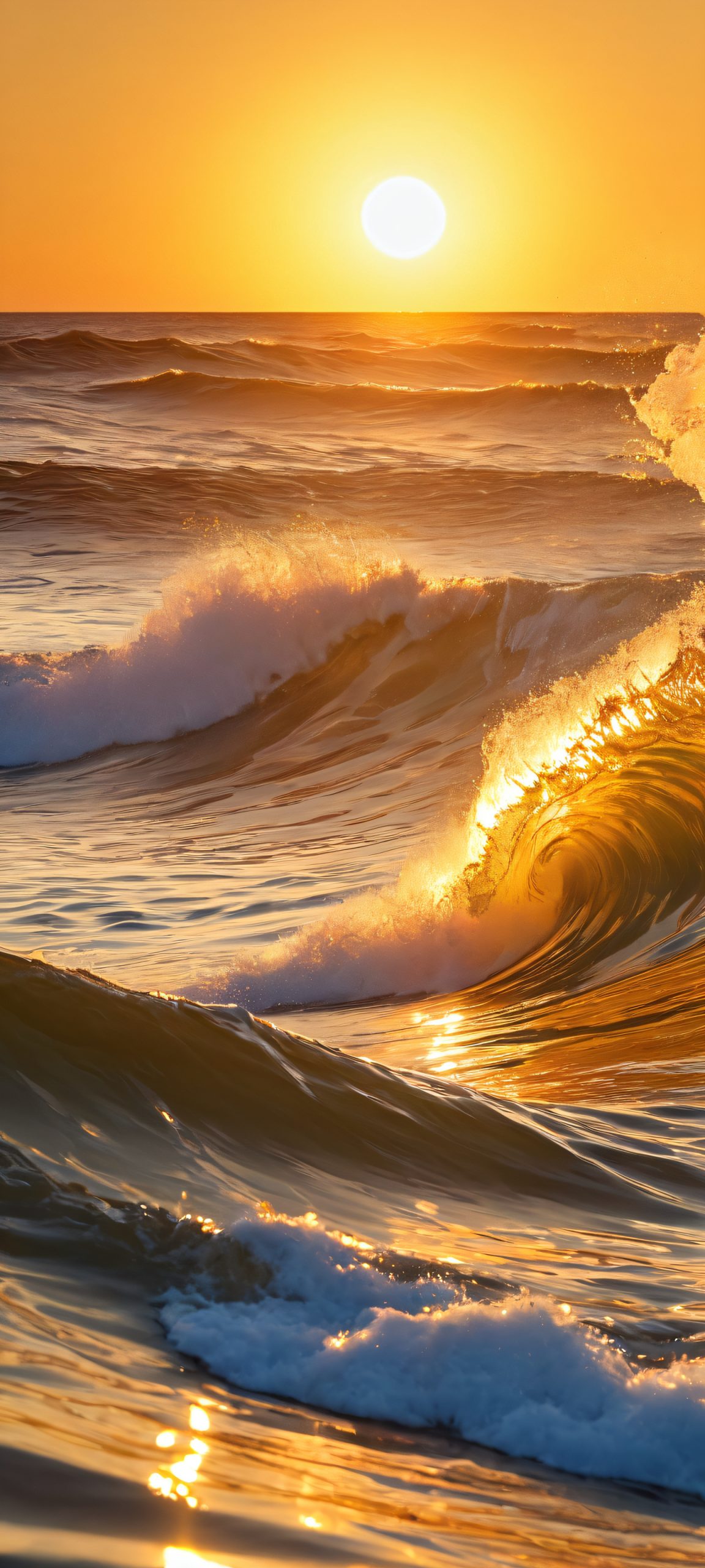 Golden Ocean Breeze 2K Phone Wallpaper A serene golden hour coastal scene for your iPhone/Android home screen, featuring waves and seashells.