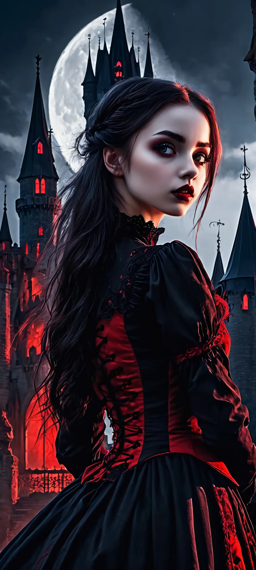 Gothic Girl Under the Moon Aesthetic Phone Wallpaper A stunning iPhone/Android wallpaper featuring a Gothic girl standing in front of a dark castle under the light of the full moon.