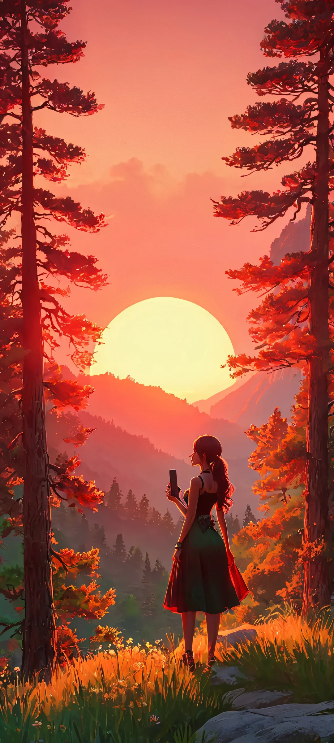A stunning vertical wallpaper of a Gothic girl surrounded by the serene beauty of a summer sunset, featuring dark green and red hues, perfectly optimized for iPhone/Android home screens.