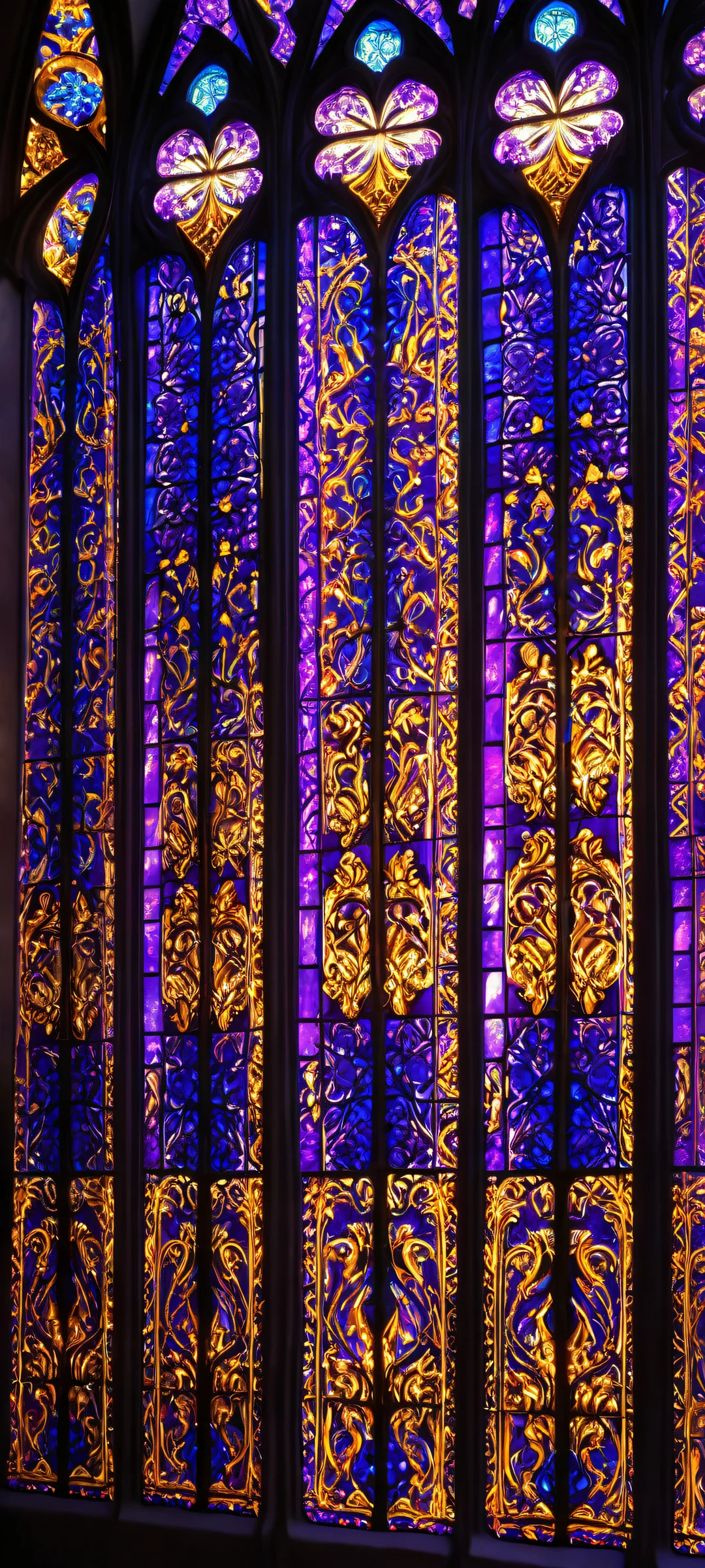 A stunning stained glass window in a dark vertical gothic cathedral, perfectly lit for iPhone and Android devices.
